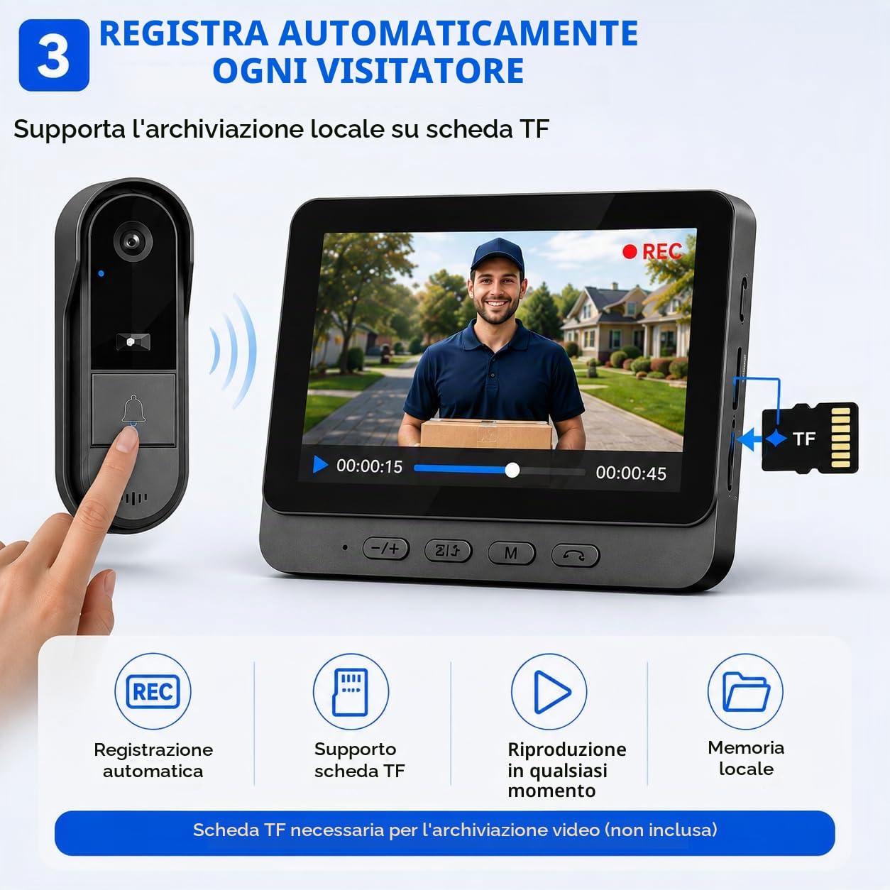 Winnes Video Campanello Videocitofono senza Fili da Esterno Smart Video Citofono Wireless Doorbell Impermeabile IP67 con Telecamera 1080P 4,3 Pollici Display 170° Ultra Grandangolo,Nessun APP&WiFi