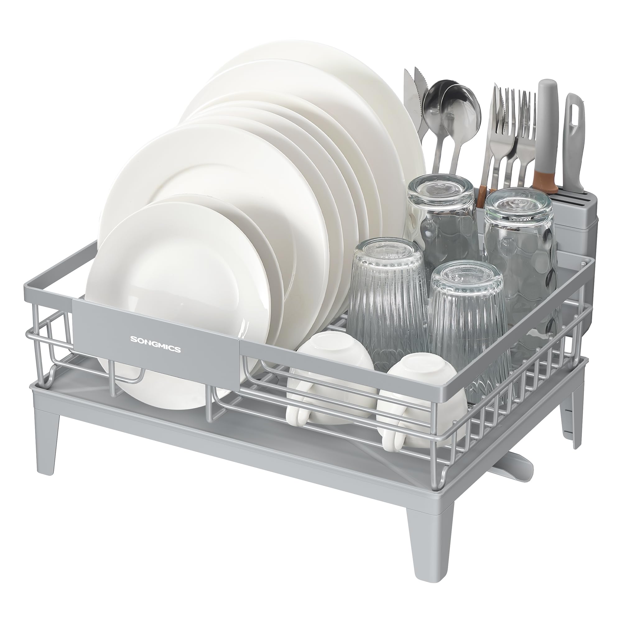 SONGMICS Dish Drying Rack, Kitchen Dish Rack, with Drainboard, 360° Rotatable and Extendable Spout, with Cutlery Holder, 12.2 x 16.5 x 7.3 Inches, Dove Gray UKCS550G01