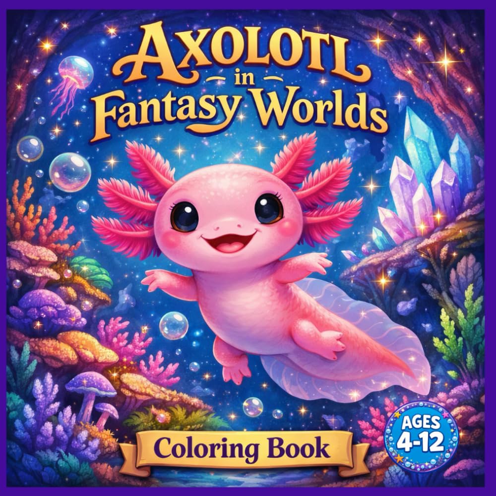 Axolotl in Fantasy Worlds Coloring Book: Enchanting Adventures with Cute Axolotls in Magical Realms, Easy & Fun Coloring Pages for Kids, Teens, and Adults for Stress Relief.