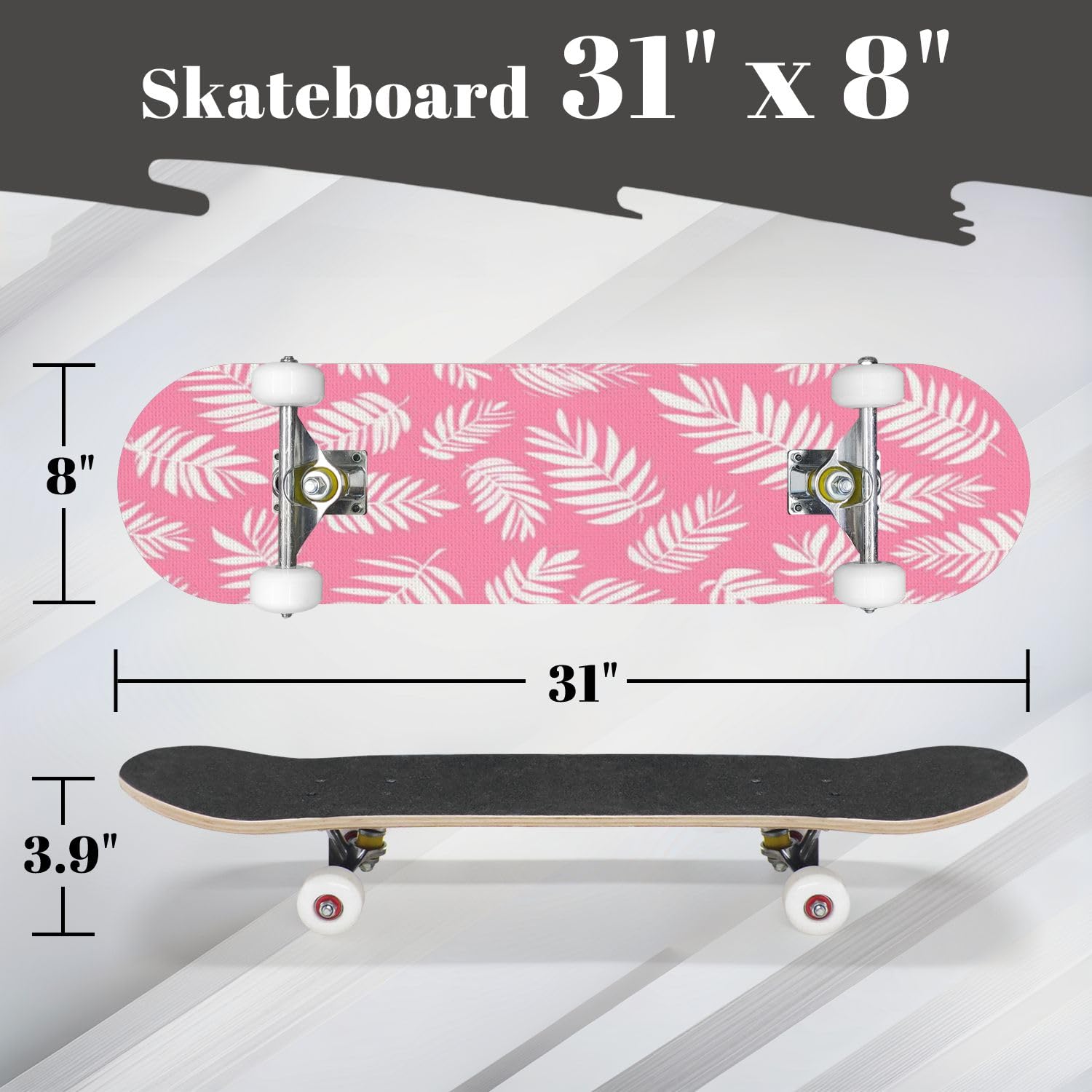 Complete Skateboard with Seamless Tropical White Palm Leaves Pink Summer Exotic for Beginner Skateboard 7-Layer Maple Wood Double Kick Concave Skateboards for Kids, Adults, Teens 31