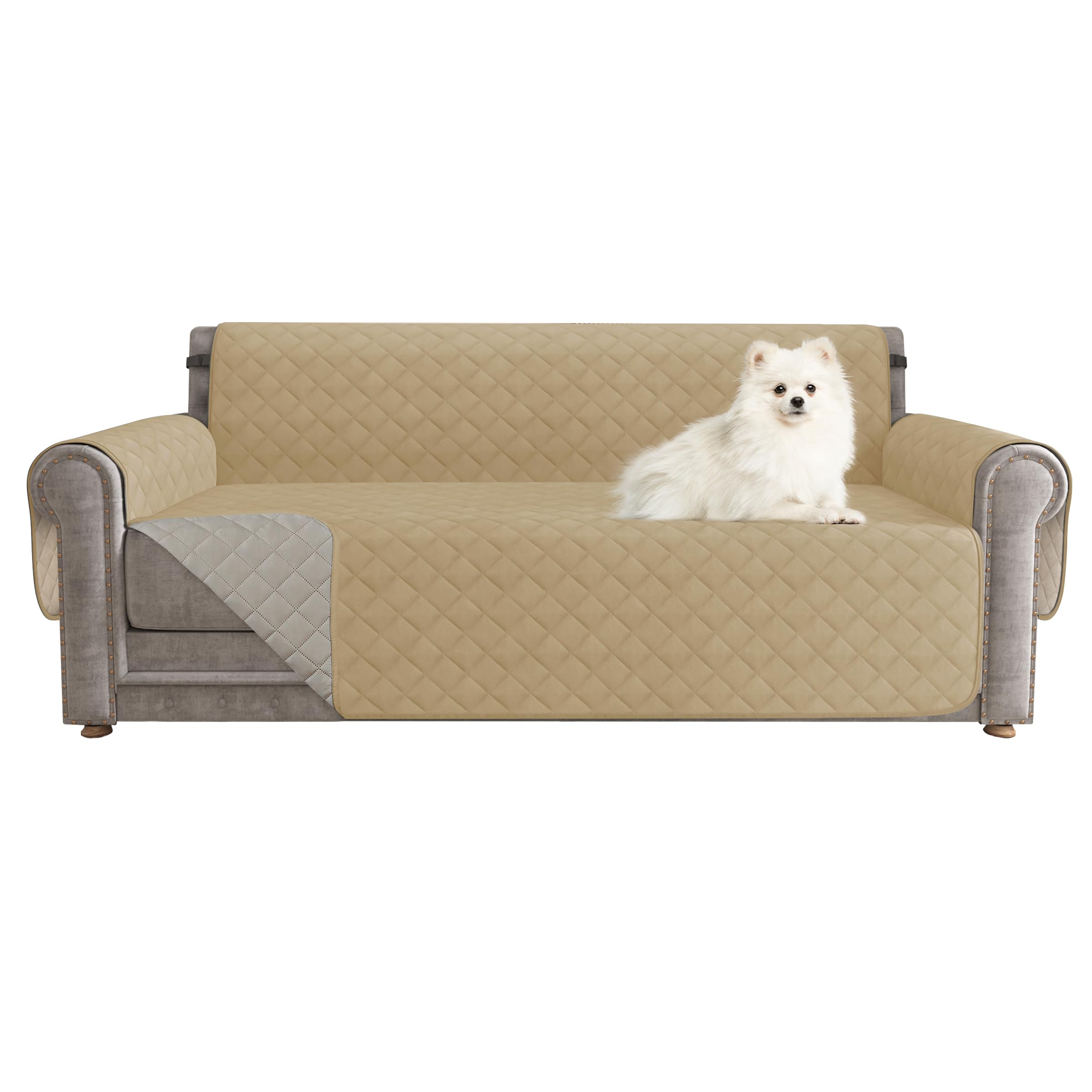 CHUN YI Couch Cover, Water Resistant Slipcover for 3 Cushion Sofa, Washable Sofa Cover with Adjustable Strap Storage Pocket for Living Room Dog Pet (Sofa, Khaki)