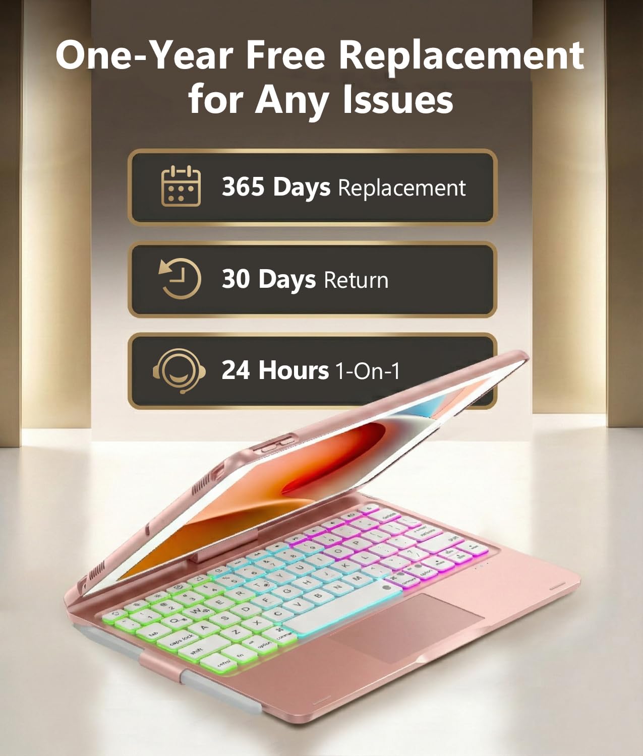 BABG iPad 9th Generation Case with Keyboard,360° Rotatable,Touchpad,Backlit Keyboard with Pencil Holder for 10.2 inch iPad 9th Gen 2021/ 8th Gen 2020/7th Gen 2019 and iPad Air 3/Pro 10.5"-: Rose Gold