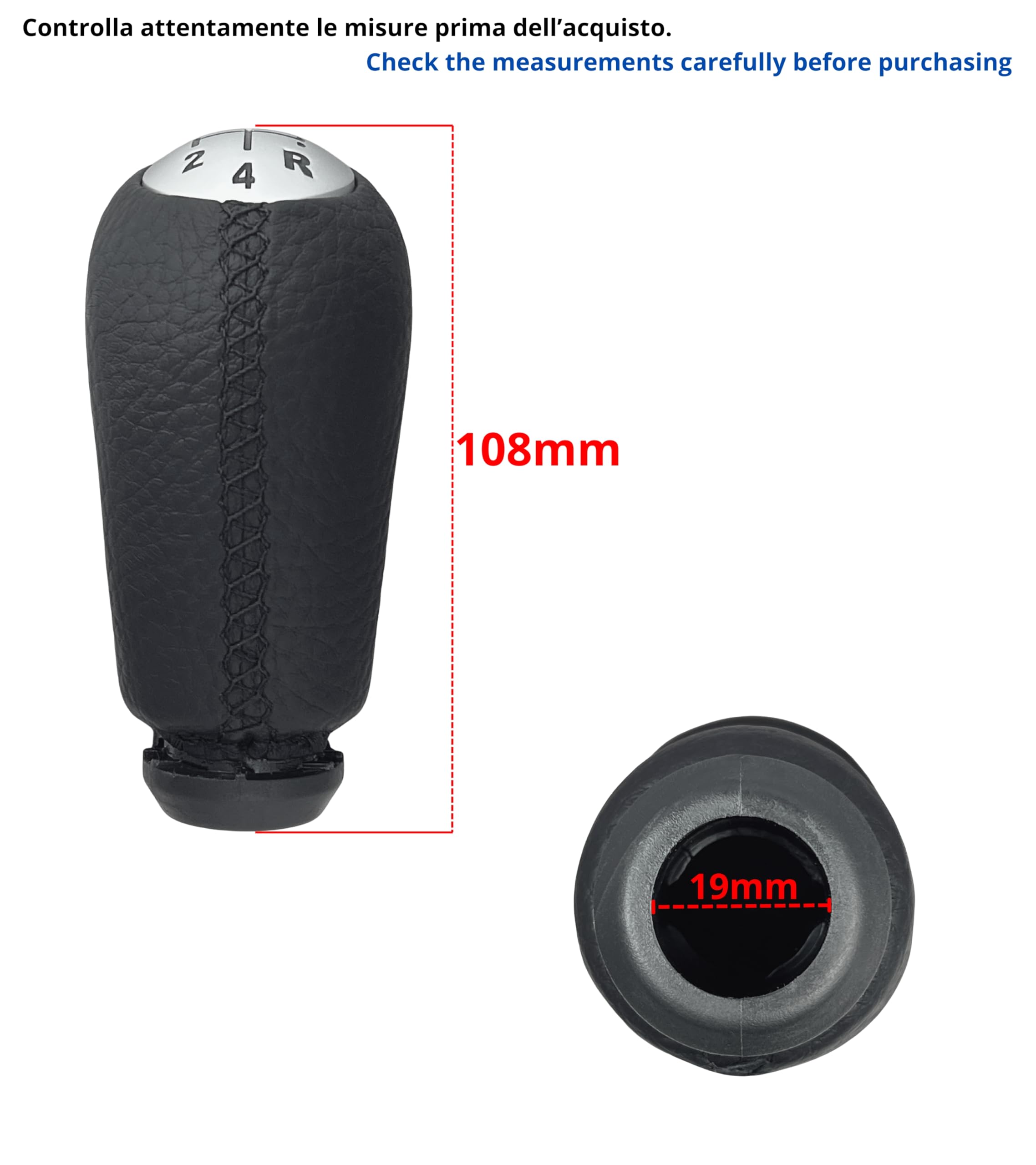 1neiSmartech Pomello Leva Cambio 5 Marce Compatibile con Smart Fortwo III 453 2014–2022 e Forfour W453 2014–2024, Cuciture Nere, con Retromarcia in Basso a Destra