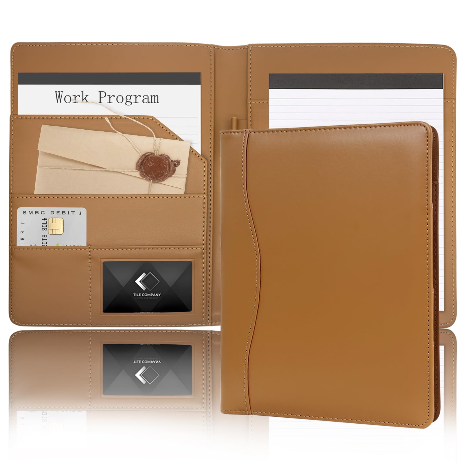 Portfolio A5 Conference Folder, Soft Leather Padfolio 5 x 8 Mini Business Binder Legal Writing Note Pad Junior Size Document Organizer for Present Gift Kid Men Women Light Brown