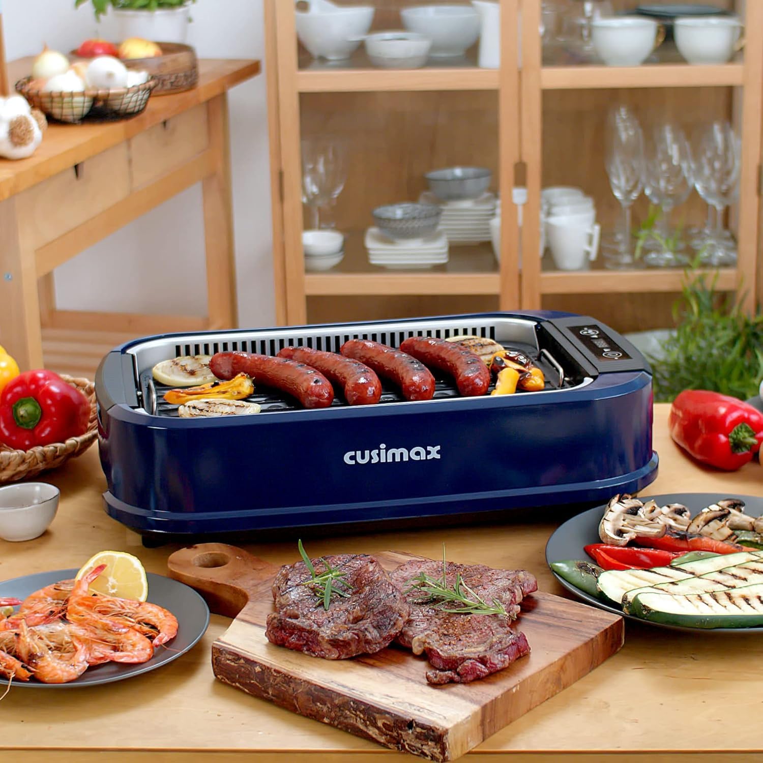 CUSIMAX Barbecue Électrique pour Balcon, Barbecue de Table avec Contrôle de Température à Écran Tactile LED, Barbecue Sans Fumée avec Couvercle en Verre Trempé, 1500W