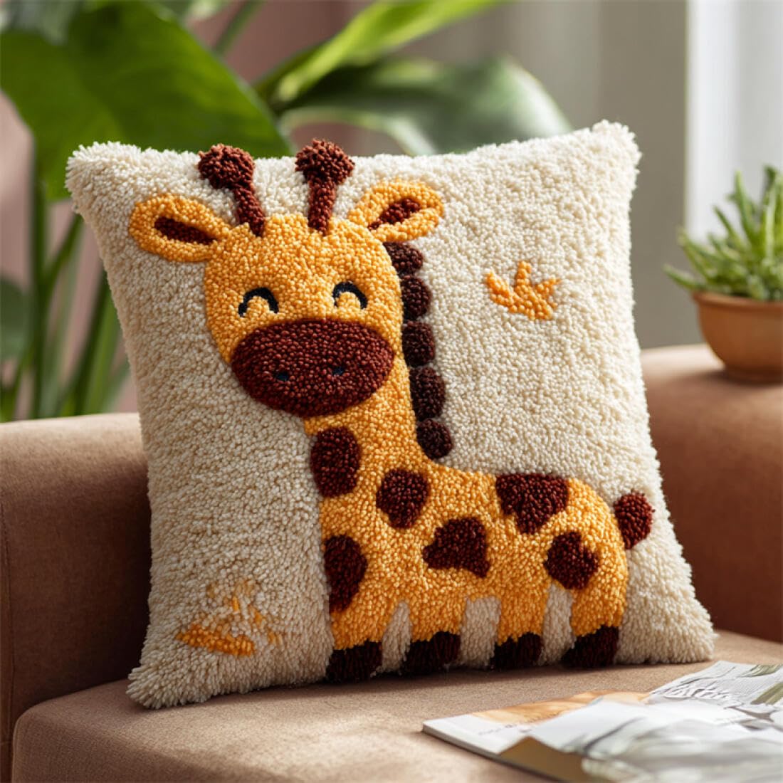 Kitquiver Animal Latch Hook Cushion Craft Kits Cartoon Giraffe DIY Latch Hook Kits Pillow Printed Cushion Crochet Yarn 3D Embroidery Set Pillowcase Rug Home Decor 17x17In