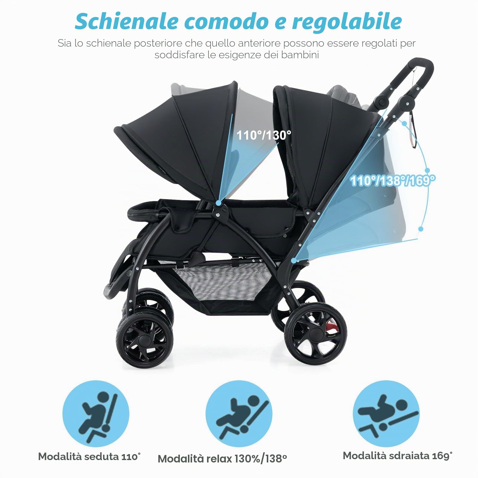 FANTASK Passeggino gemellare pieghevole con schienale regolabile e tettoia, per bambini dai 6 mesi, portata 30 kg (nero)