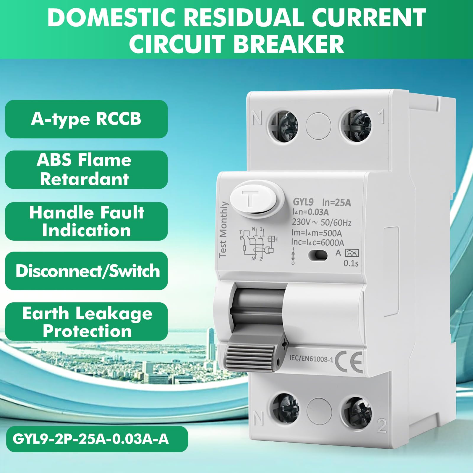 Interruptor Diferencial SuperInmunizado AC230V 2P Diferencial 25A 30mA Disjoncteur Différentiel Magnetotermico para el arranque ocasional de circuitos y motores tipo GYL9-2P-25A-0.03A-A