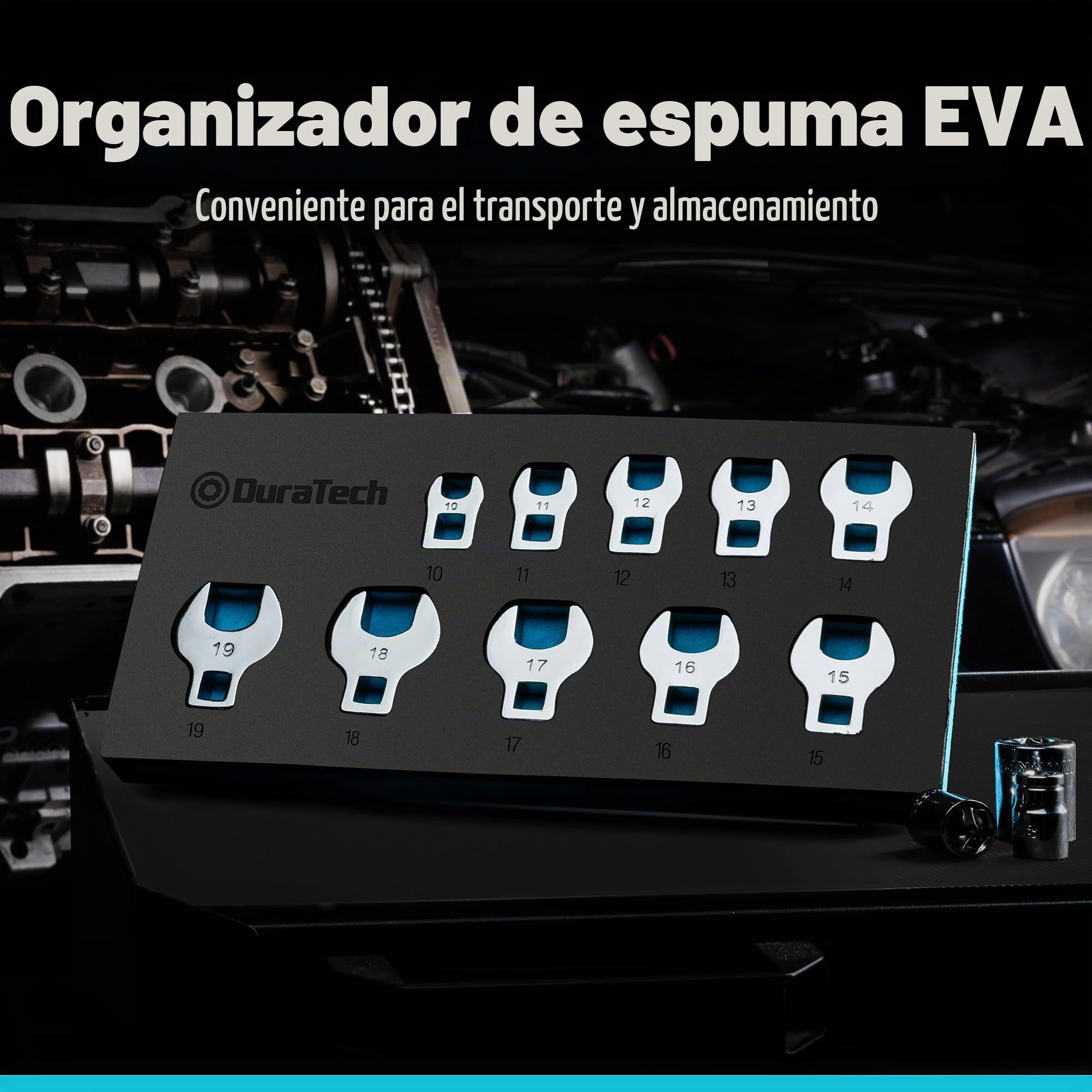 DURATECH Juego de Llaves Crowfoot de 3/8", Juego de 10 Llaves de Pata de Gallo 10-19 mm, Acero Cr-V, con Organizador de Espuma EVA | Para trinquete y llave dinamométrica, organizador EVA