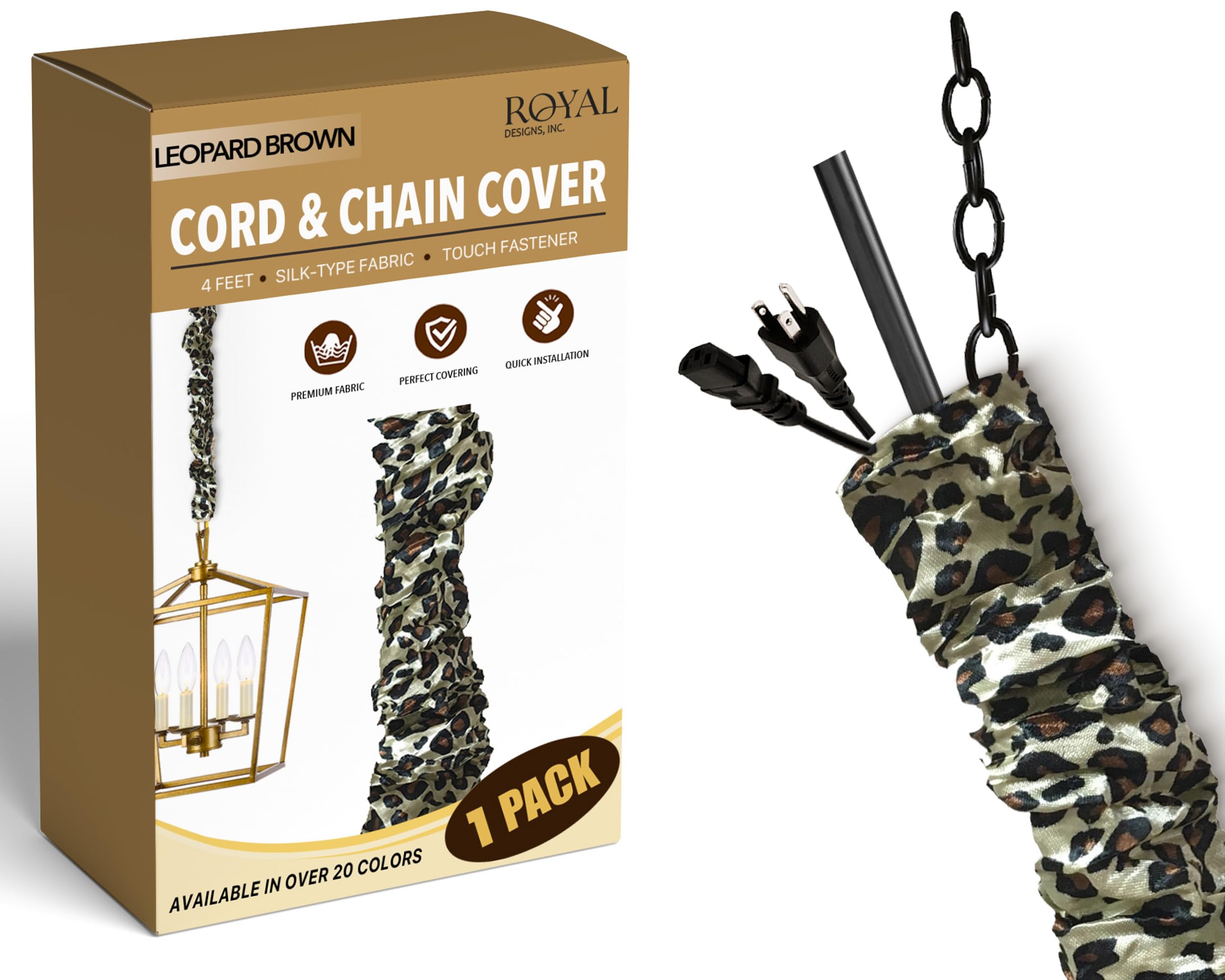 Royal Designs, Inc. Cord &amp; Chain Cover 4 ft Silk Type Fabric, Chandelier Pendant Lighting Chain &amp; Cable Management, Touch Fastener, Leopard Brown - 1 Pack