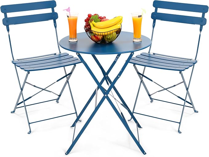 Kromax Outdoor 3 Piece Patio Bistro Set, Folding Bistro Table and 2 Folding Chairs, Patio Conversation Furniture Set, Space Saving, Blue