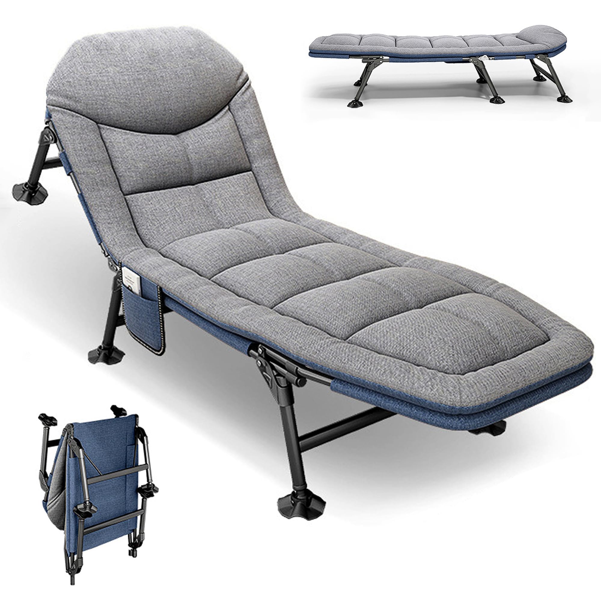 Lit de camp pliable avec poche latérale - Chaise longue de camping avec dossier réglable en 5 positions - Lit pliant pour l'extérieur et l'intérieur - 190 x 65 cm (gris)