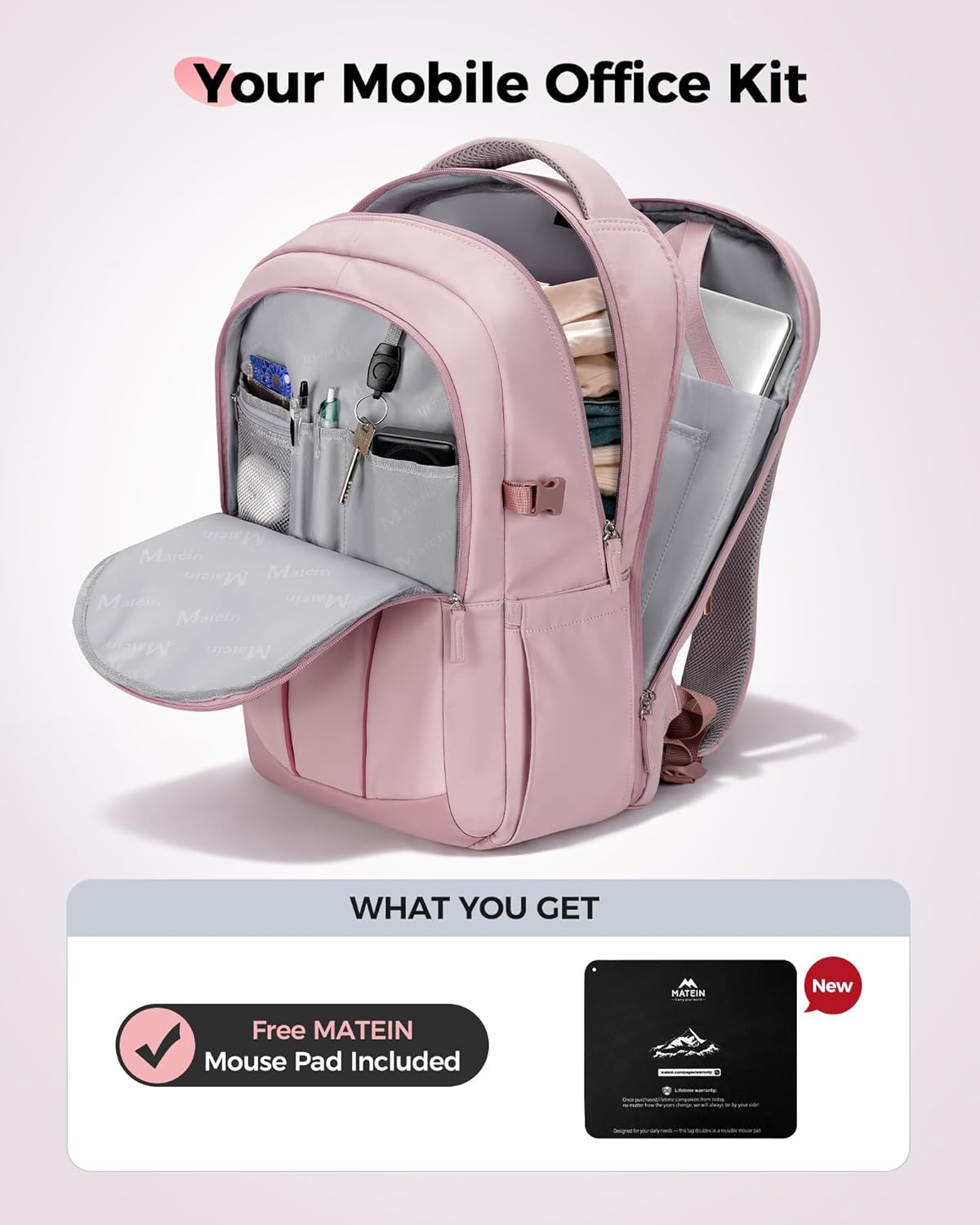 MATEIN HER Laptop Work Backpack with Lunch Compartment for Women, Water Resistant Work Backpack for Office Commute with RFID Pocket, Teacher Nurse Travel Bag Fits 17.3'' Computer, Pink