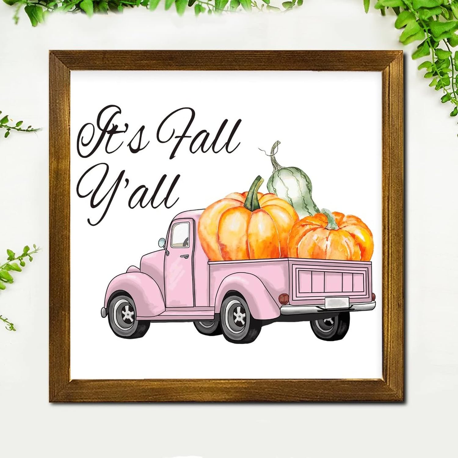 It's Fall Y'all Pink Pumpkin Truck Wood Framed Sign Maple Leaves Wood Plaque Sign Vintage Farm Harvest Hanging Wall Signs Decor for Home Bathroom Indoor Kitchen Garden 12x12 inch