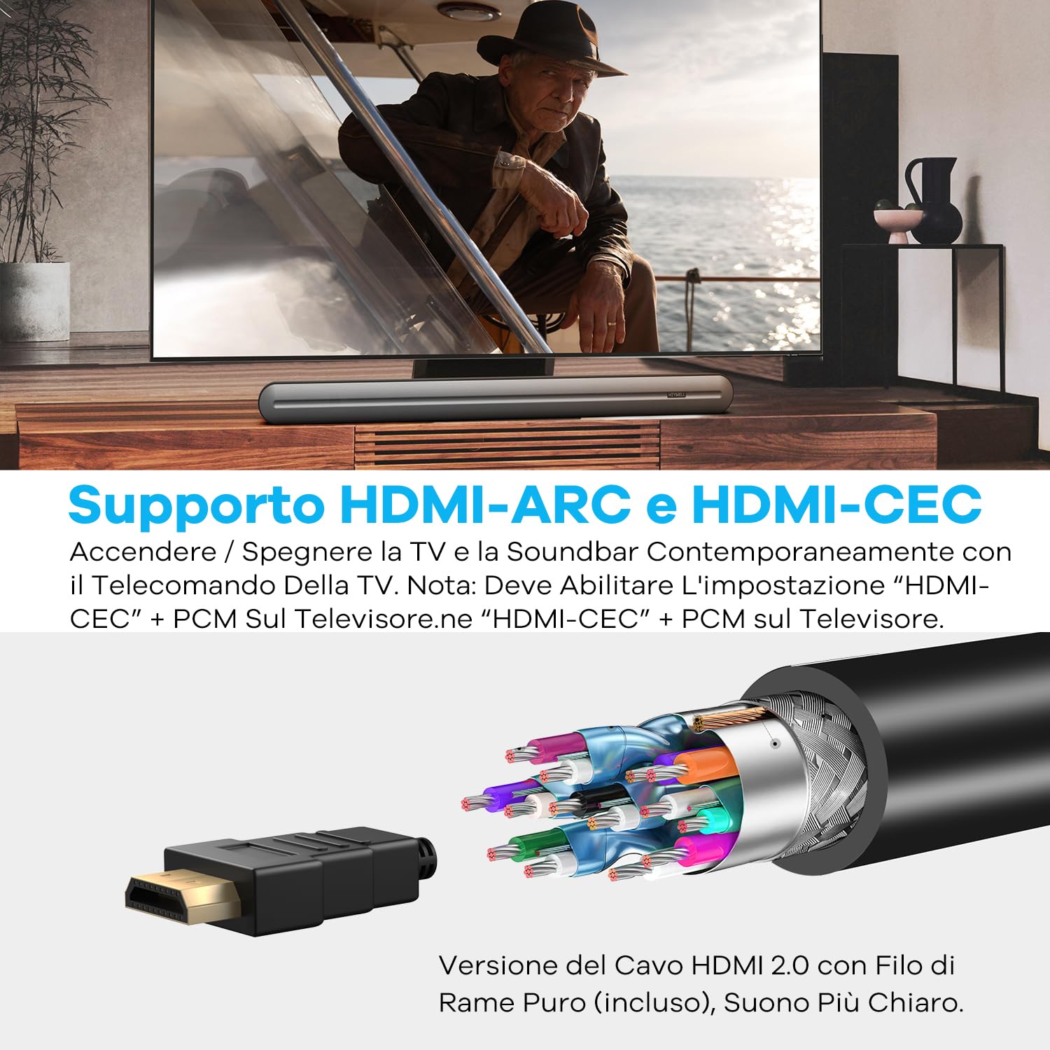 2.1ch 150W 91cm Bluetooth Soundbar do TV 32-55” Wbudowany Subwoofer 6X Głośniki, Wzmacniacz Czystego Głosu Soundbar do Telewizora, HDMI ARC Optyczny AUX.