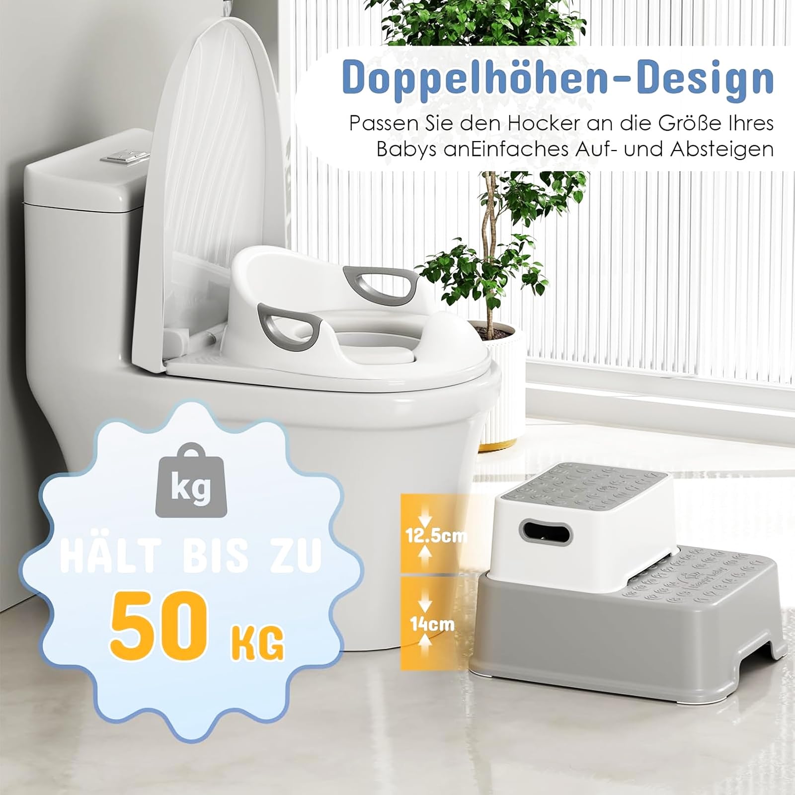 MAMIZO Riduttore WC Bambini con Sgabello Scaletta 2 Gradini, Riduttore Water Bambini, Adattatore Water per Bambini con Paraspruzzi e Maniglia per l'uso su WC Rotondi e Ovali, Adatto a Bambini 1-8 Anni