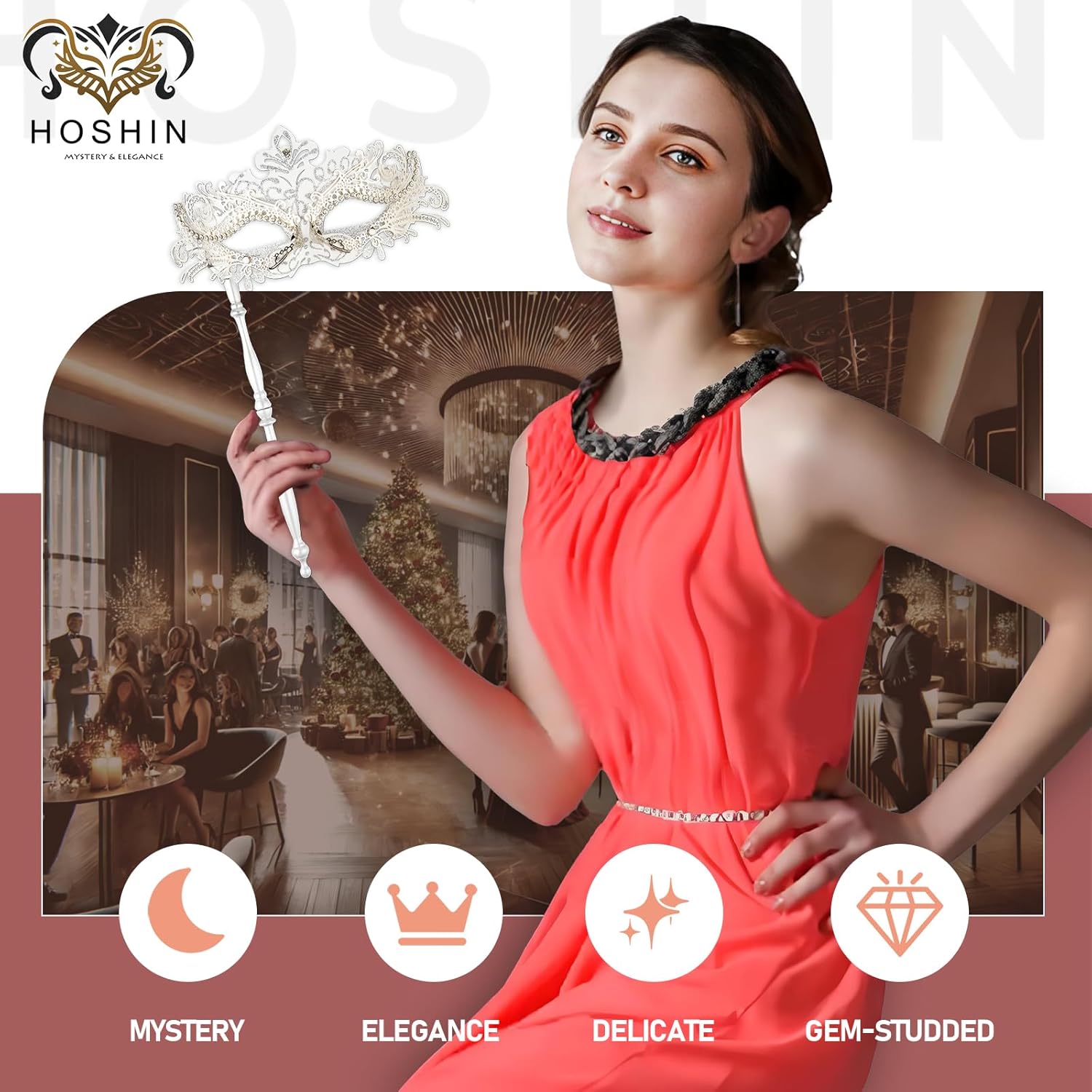 Hoshin Masquerade Mask with Stick, Mardi Gras Deecorations Venetian Masks for Womens - Image 6