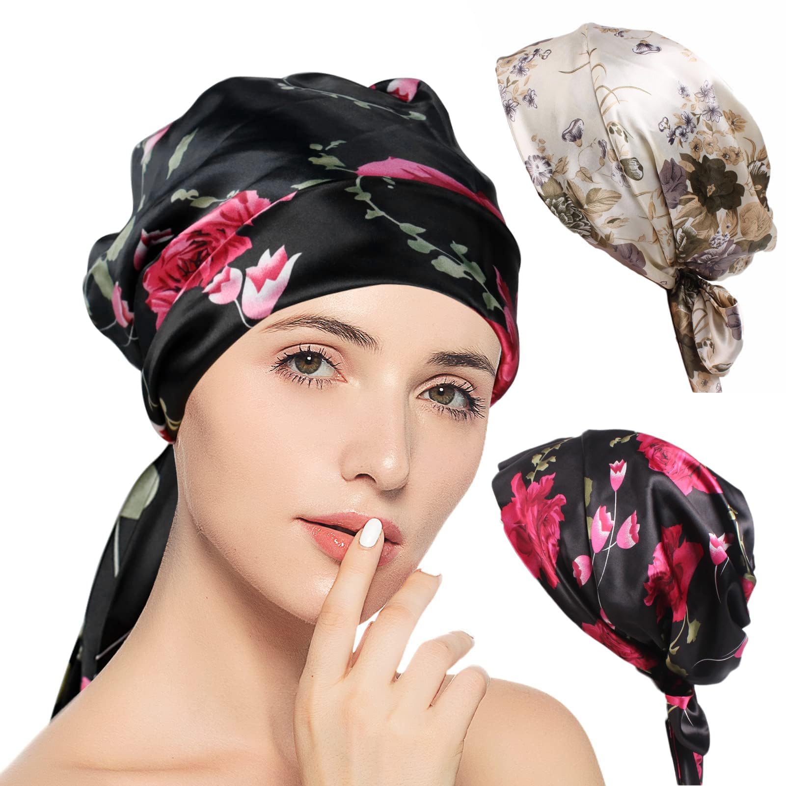 hower Cap 2 Pcs Bonnet with Tie Band,Satin Bonnet for Sleeping with Straps Silk-Night -Cap for Women