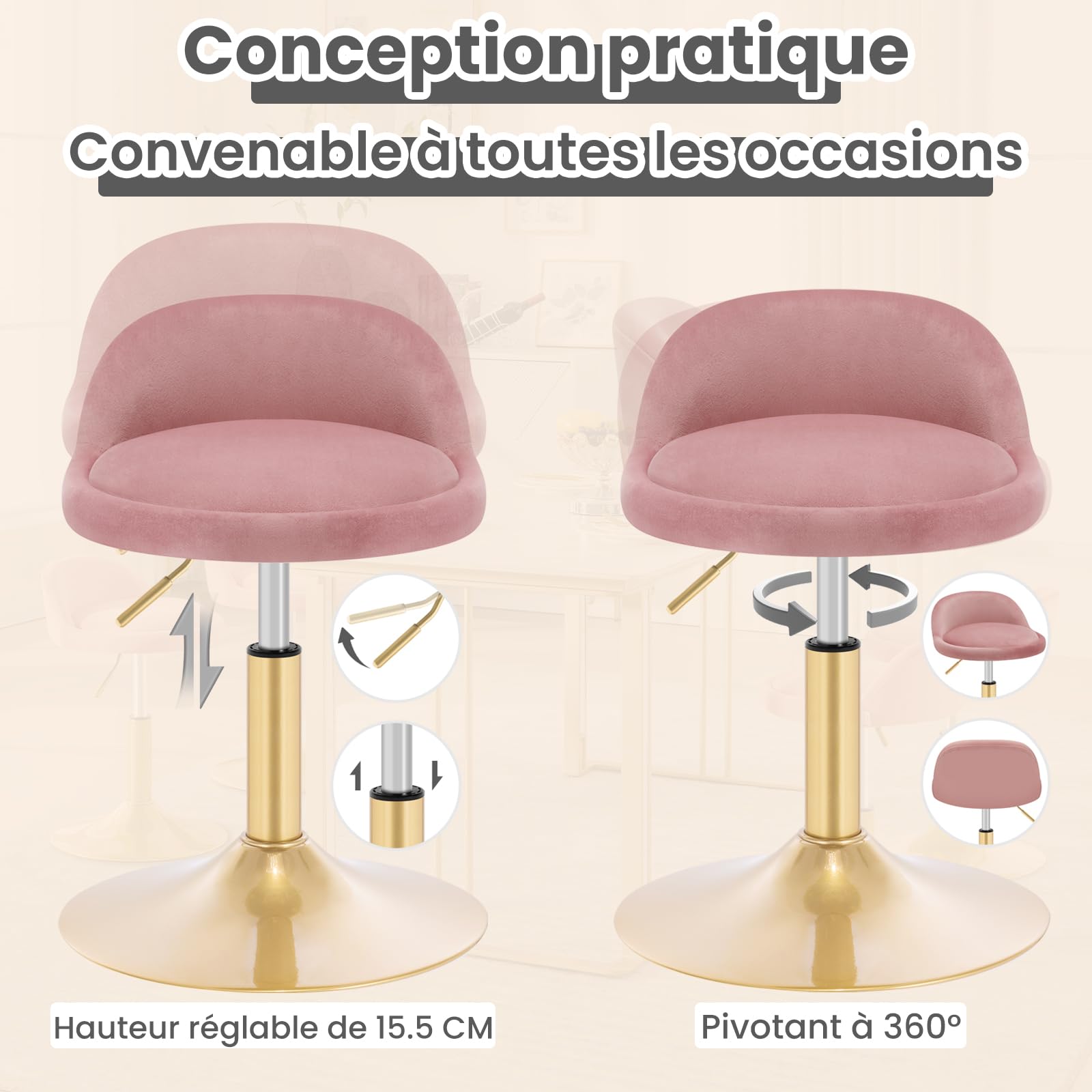 WOLTU Tabouret de Coiffeuse, Tabouret Pivotant Réglable en Hauteur 42,5-60 cm, en Velours, pour Salle à Manger, Cuisine, Salon, Chambre à Coucher,Bureau,Rose,BH425rs-1