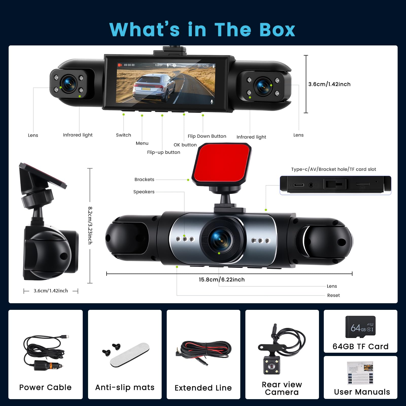 Inefala 360 Degrés Dashcam Voiture 4 Canaux, 1080P Dash Cam Voiture Avant Arrière Intérieur avec Carte SD 64G, Enregistrement en Boucle, G-Sensor, Vision Nocturne, Grand Angle
