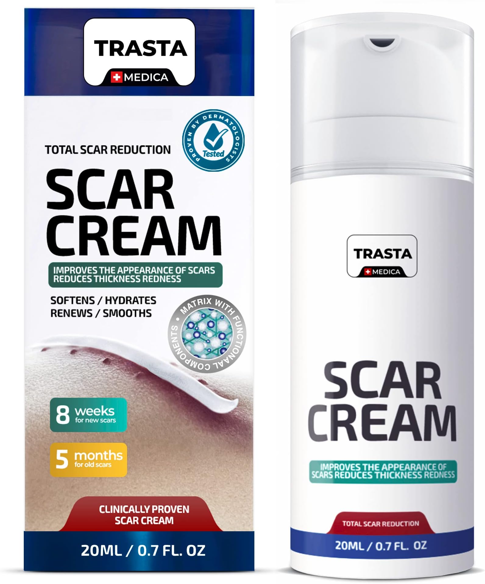 TRASTA MEDICA Scar Removal Cream – Scar Cream for Surgical Scars, Stretch Marks, New & Old Scars, Acne Scars, C-Section, Burns – All Natural Anti Scar Removal Cream with Vitamin E, Retinol, Allantoin