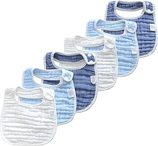 MUKIN Baby Muslin Bibs and Burp Cloths, 6 Pack, Soft Absorbent Cotton, Adjustable