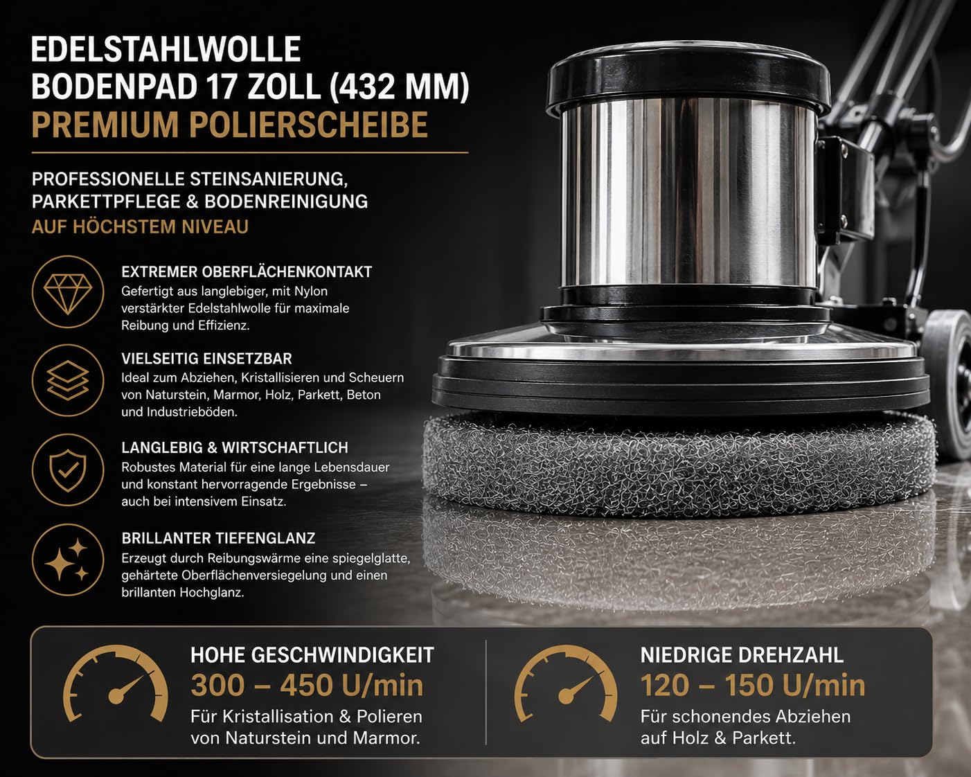 Lot de 5 patins de sol en laine d'acier inoxydable 432 mm – Disque de polissage de qualité supérieure pour décapage, cristallisation et frottement, tampon polyvalent pour pierre naturelle, marbre
