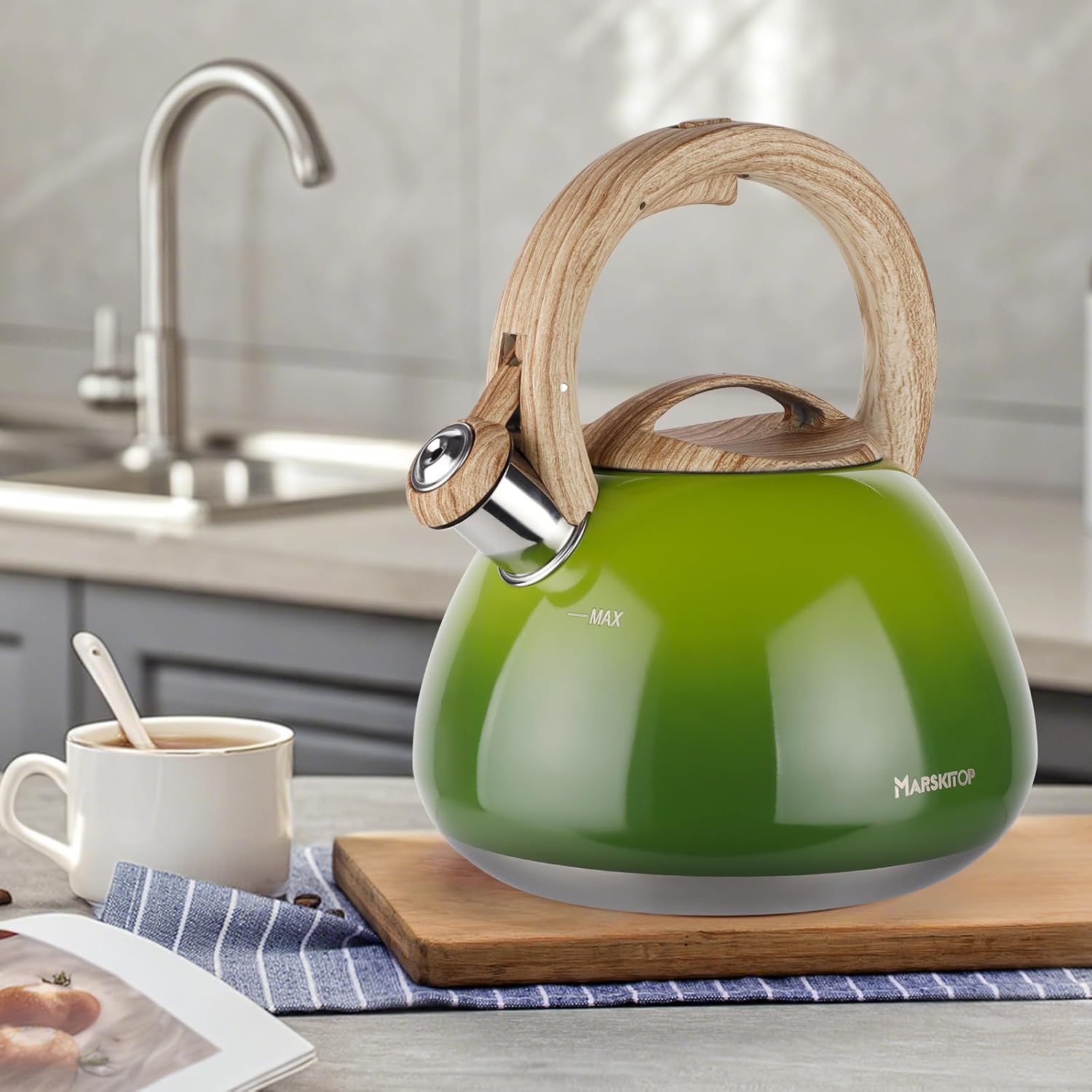 MARSKITOP Whistling Tea Kettle for Stove Top, 2.6 Quart Teapot for Stovetop, Stainless Steel Tea Pot for Stove with Wood Pattern Handle, Light Green