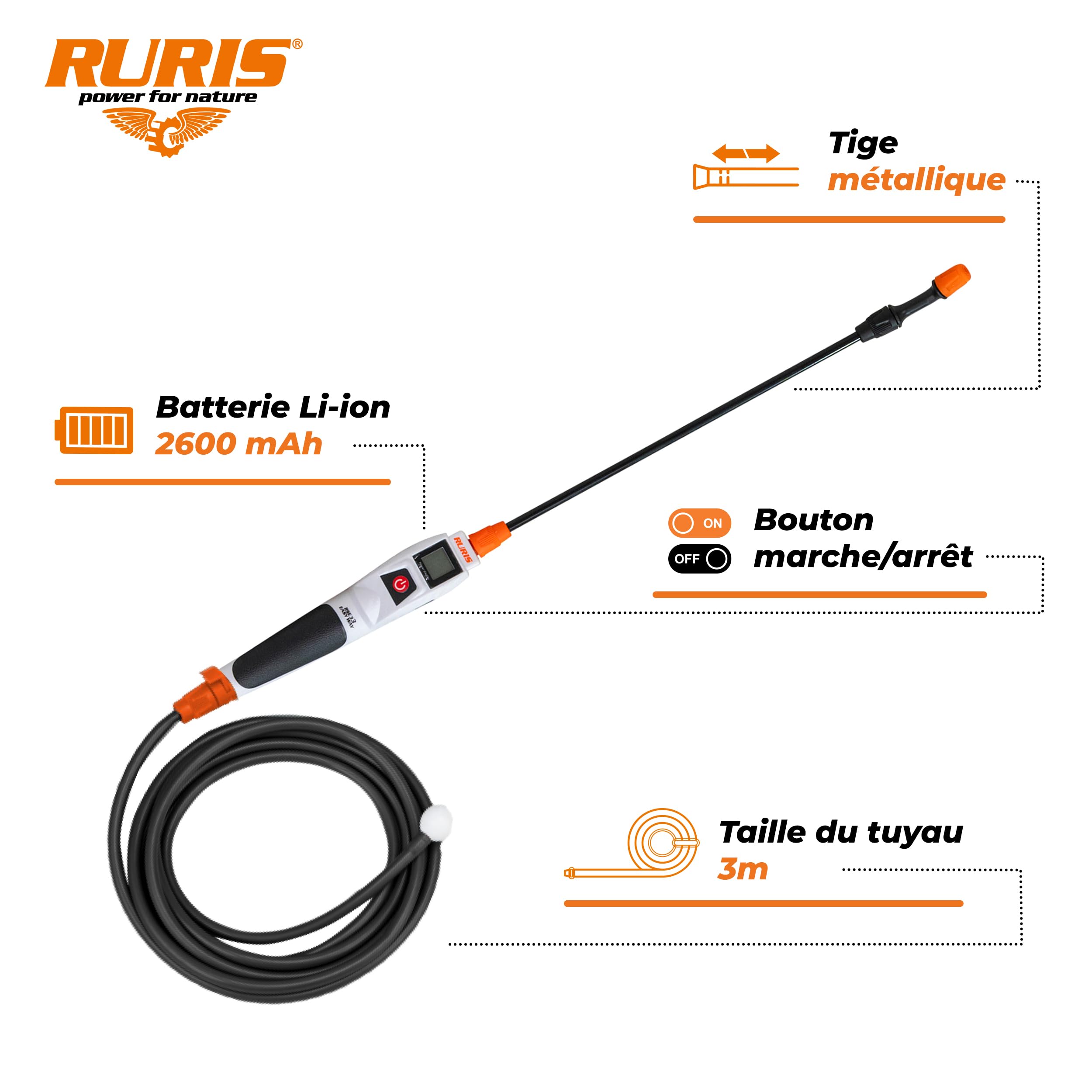 RURIS RSE 33 Easy Way Bezpłatny natryskiwacz elektryczny - bateria litowo-jonowa 2600 mAh metalowa lanca wąż 3 m regulowana dysza USB typ C wyświetlacz LED