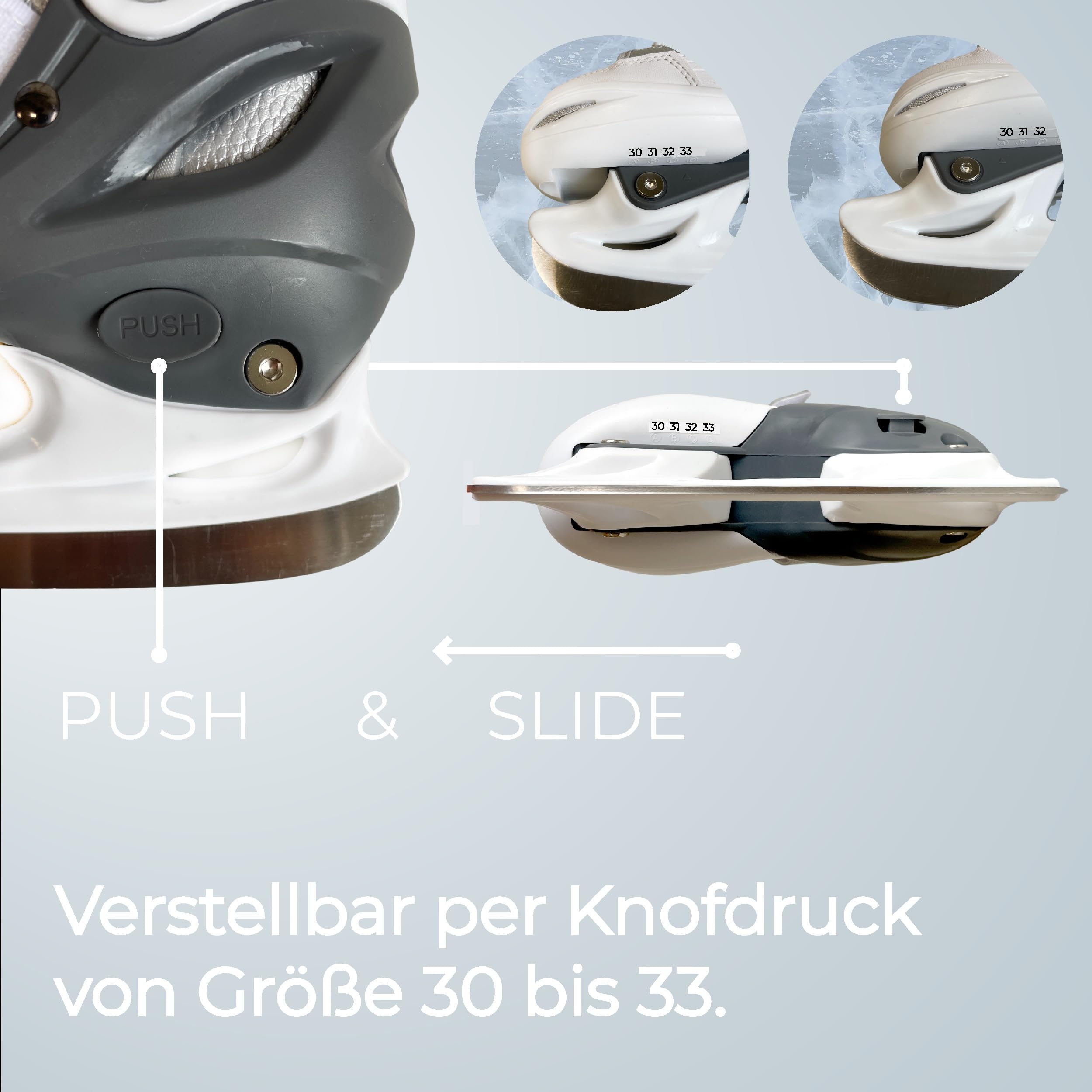 EXPLORER Cantop Schlittschuhe Kinder verstellbar Größen 30-41 für Jungen, Mädchen und Damen und Herren Eishockey Schlittschuh im Sneaker Design in Schwarz oder Silber