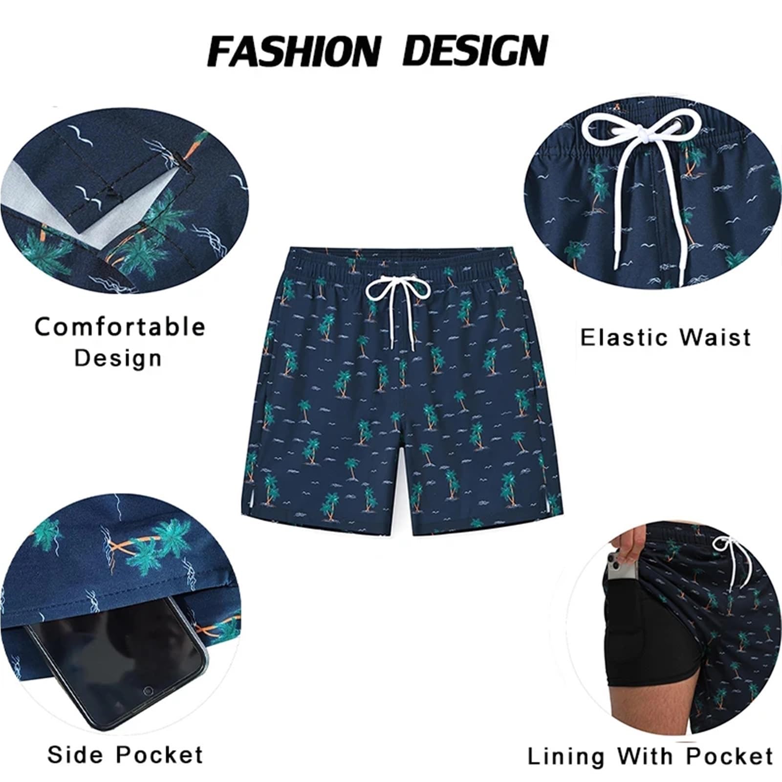 Pantaloncini Estivi da Uomo, Traspiranti, con Fodera Lunga, da Palestra, da Bagno, ad Asciugatura Rapida, con Tasca con Cerniera, da Spiaggia(Coconut Tree,XL)