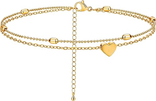 Kyerlyn Tobillera de cadena simple y refinada, chapada en oro de 18 quilates o plata, para verano o playa, cuentas, mal de ojo, luna, figaro,