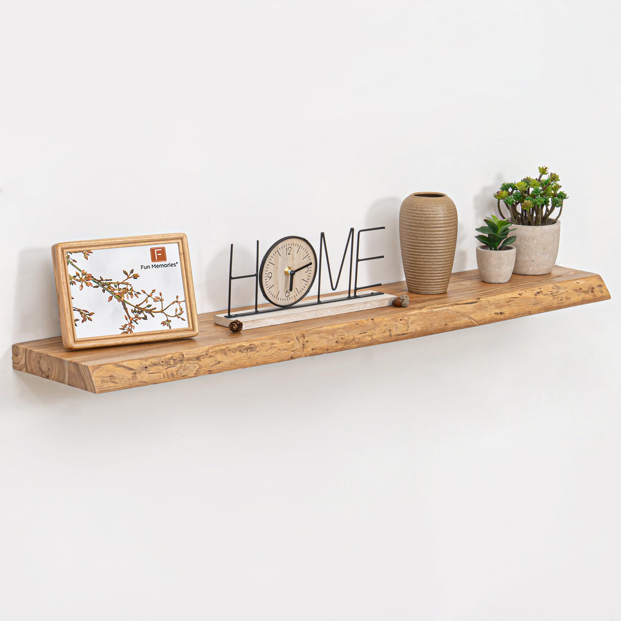 Fun Memories Modern Floating Shelves β 42-Inch Live Edge Elm Wood Wall-Mounted Display Shelves with Concealed Brackets, Set of 2 (Natural)