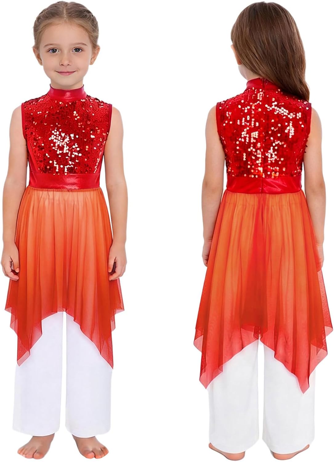 JEYPINMI Praise Dance Dresses for Girls Wide-Leg Jumpsuit Lyrical Costume Liturgical Dancewear Worship Dress and Pants