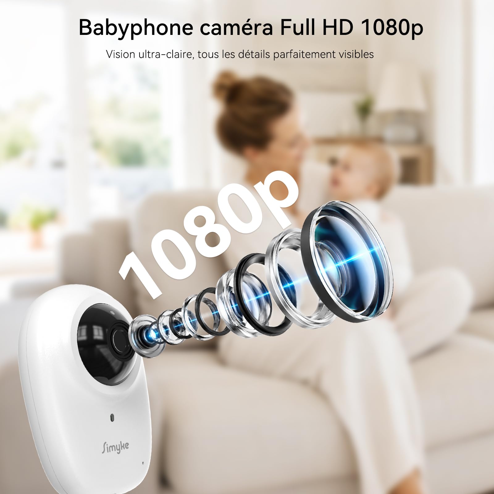 Simyke Babyphone 1080P caméra Double Connexion, écran 2,8" sans WiFi et app Smartphone WiFi 2,4 GHz, Vision Nocturne Nette, Dialogue bidirectionnel, alertes intelligentes, portée 360 m