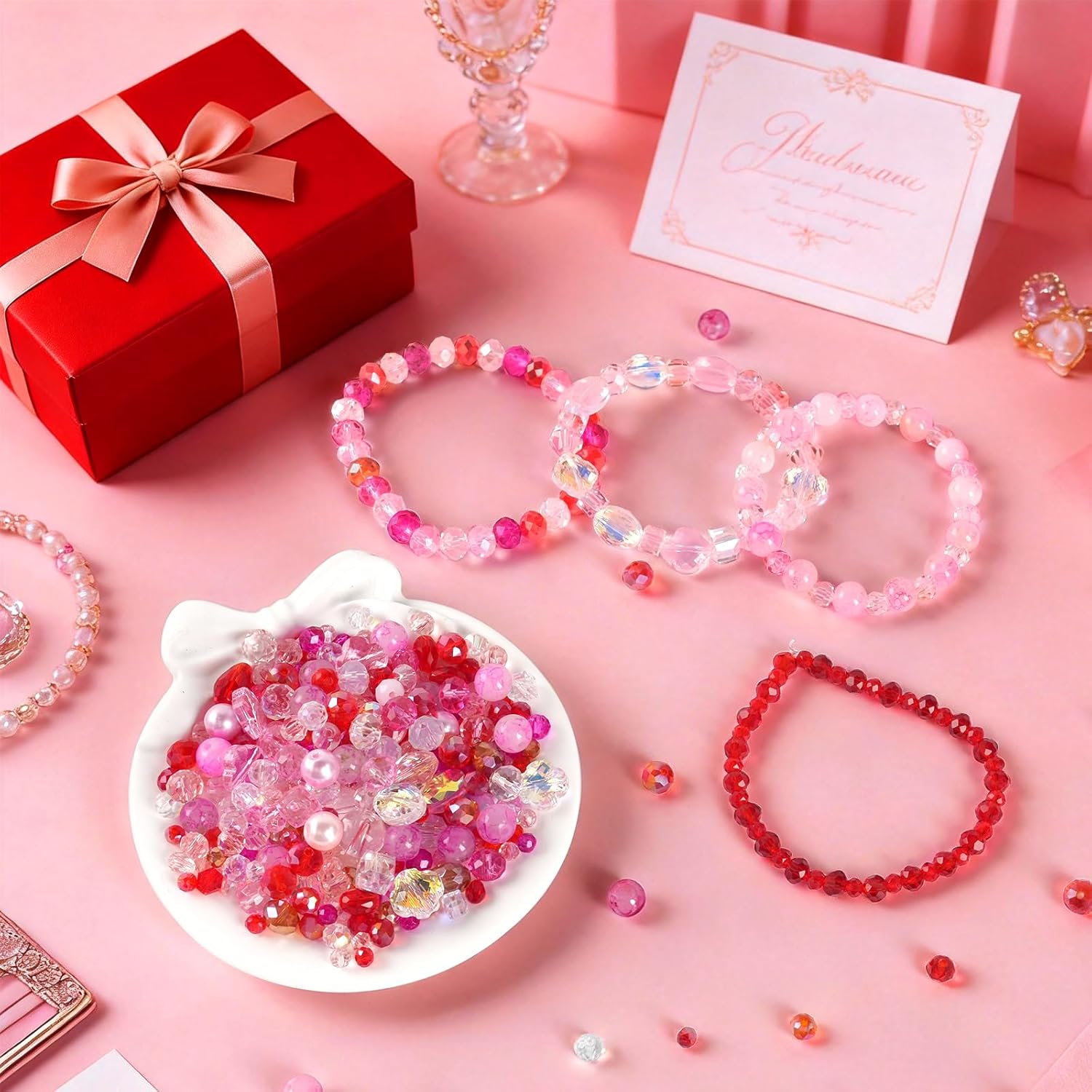 636pcs Glass Beads for Jewelry Making - Pink Red Valentine's Day Craft Crystal Beads with Loose Beads Sparkly Faceted Beads Hole Drilled DIY for Bracelets Craft Earrings Necklace Jewelry Making - Image 5