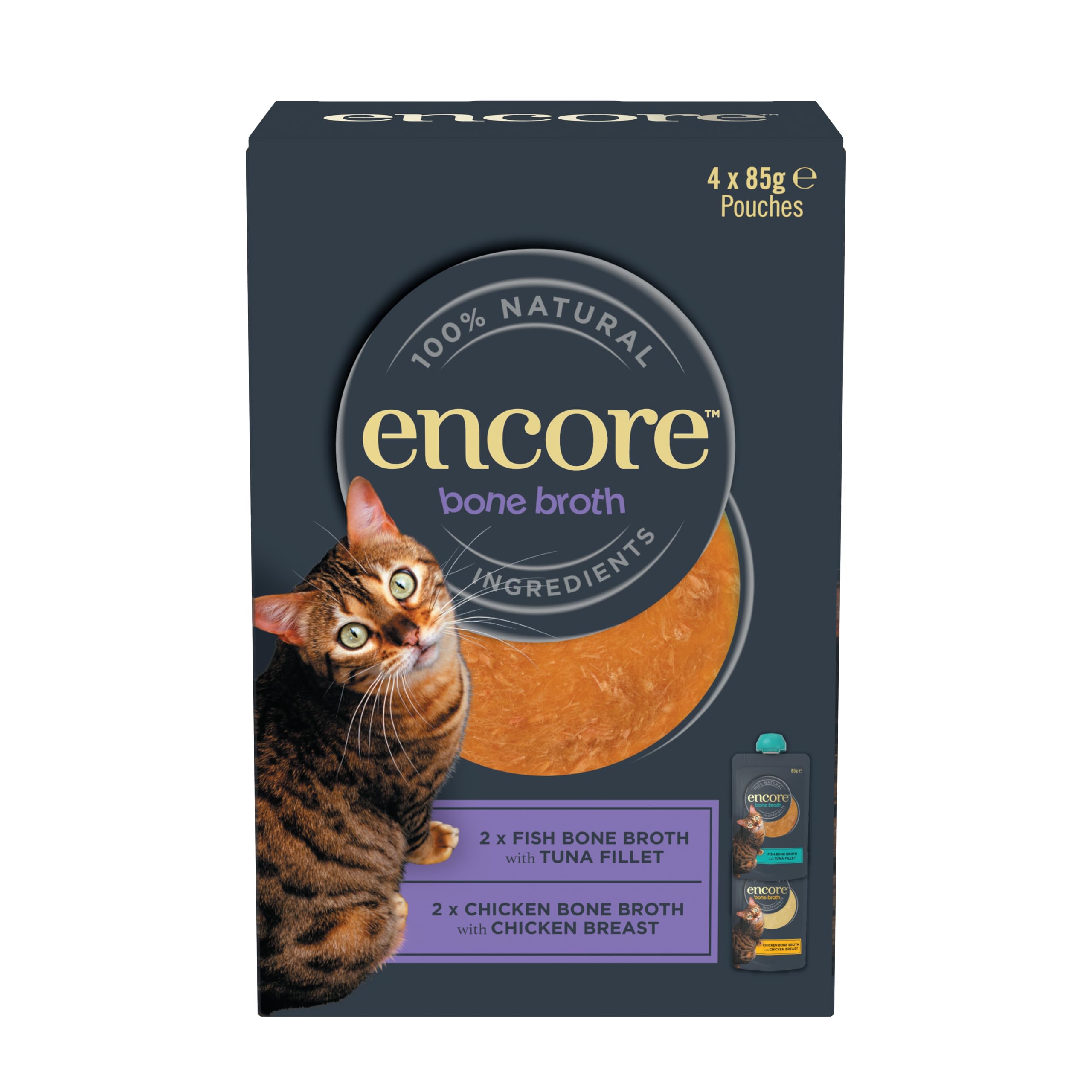 Encore Natural Bone Broth Mixed Selection for Cats, 4x85g Cat Soup Supports Joints, Digestion and Hydration, High in Collagen, Chicken and Tuna in Spout Pouch
