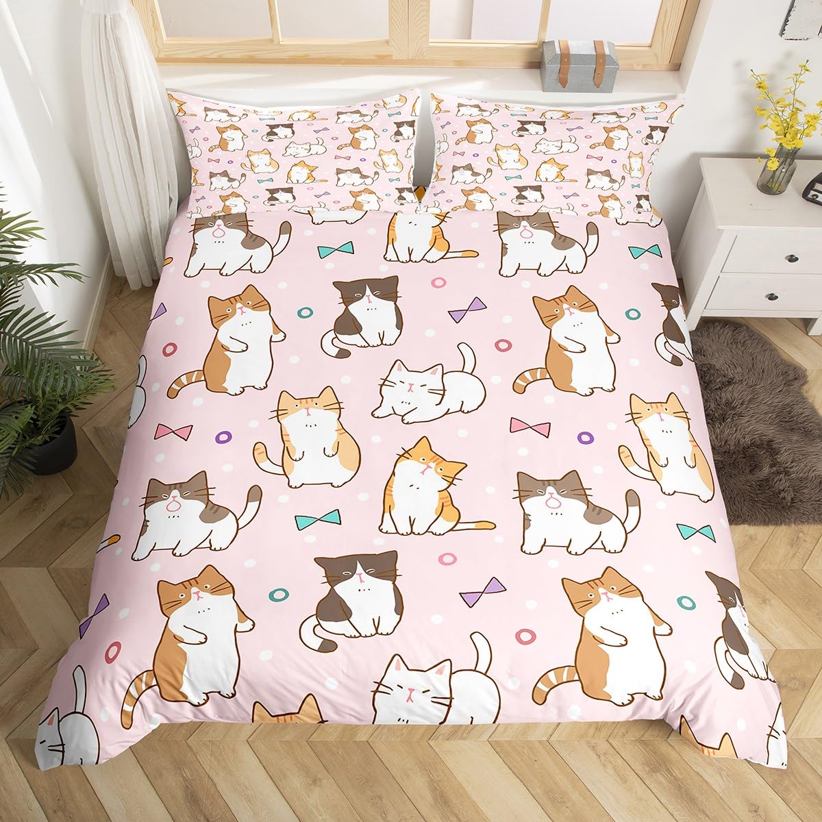 Manfei Kawaii Cats Duvet Cover Set Double Size, Cartoon Animal Theme Comforter Cover with 2 Pillowcases