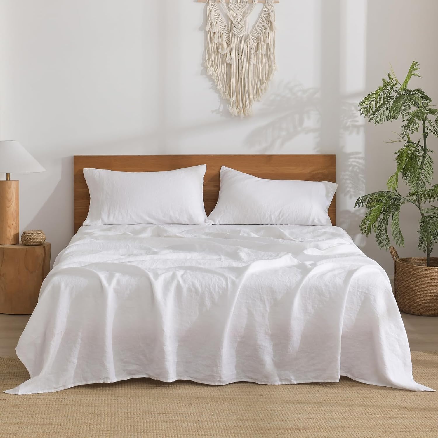 100% Linen Sheets Queen Size, 4 Piece Breathable & Cooling Natural Flax Linen Bed Sheets, Soft Durable and Tear Resistant, 16 Inch Deep Pocket, White