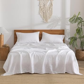 100% Linen Sheets King Size, 4 Piece Breathable & Cooling Natural Flax Linen Bed Sheets, Soft Durable and Tear Resistant, 16 Inch Deep Pocket, White