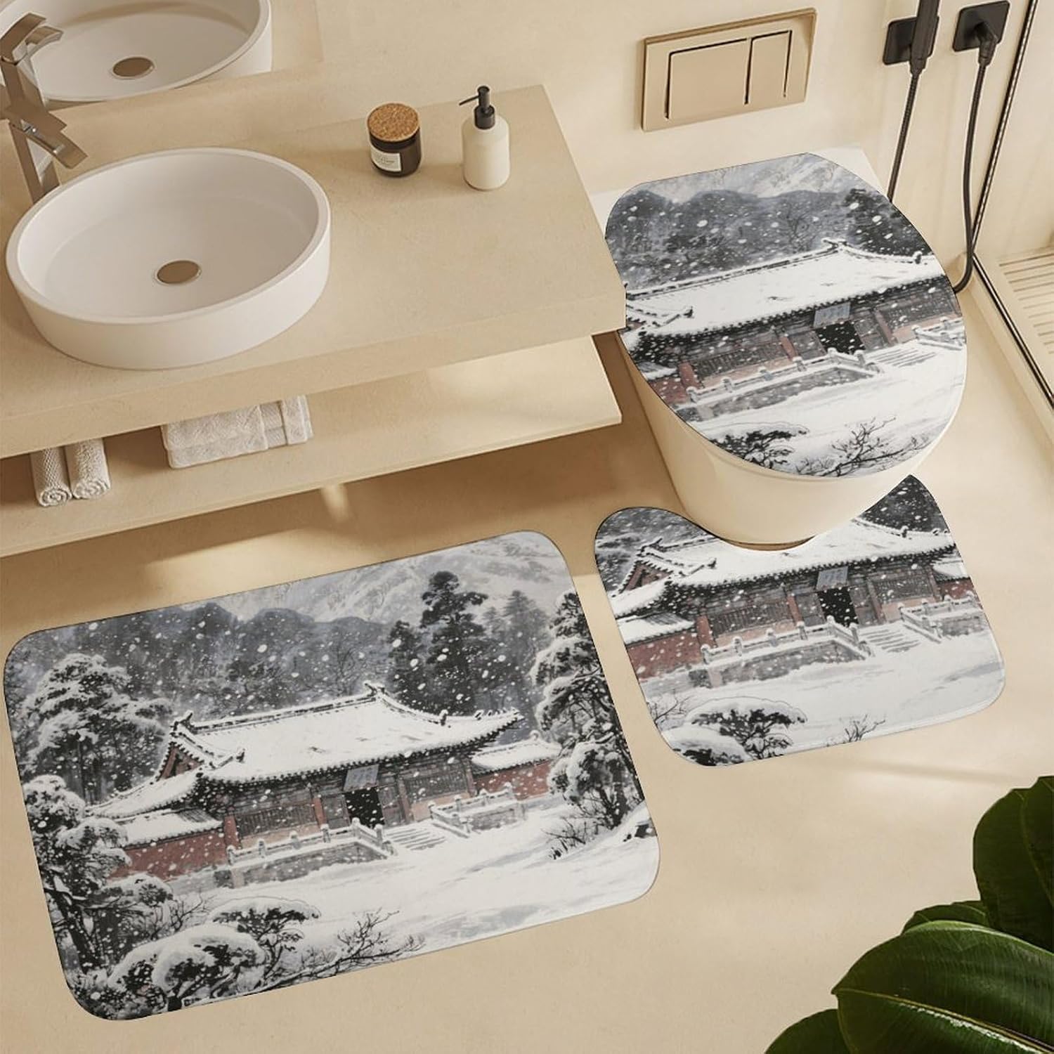 Ancient Temple in The Mountains Bath Rug Set 4 Piece,Bathroom Accessories Set-Toilet Rugs U Shaped,Toilet Lid Cover,Shower Curtain and Rugs,Ultra Soft, Absorbent,Home Decor