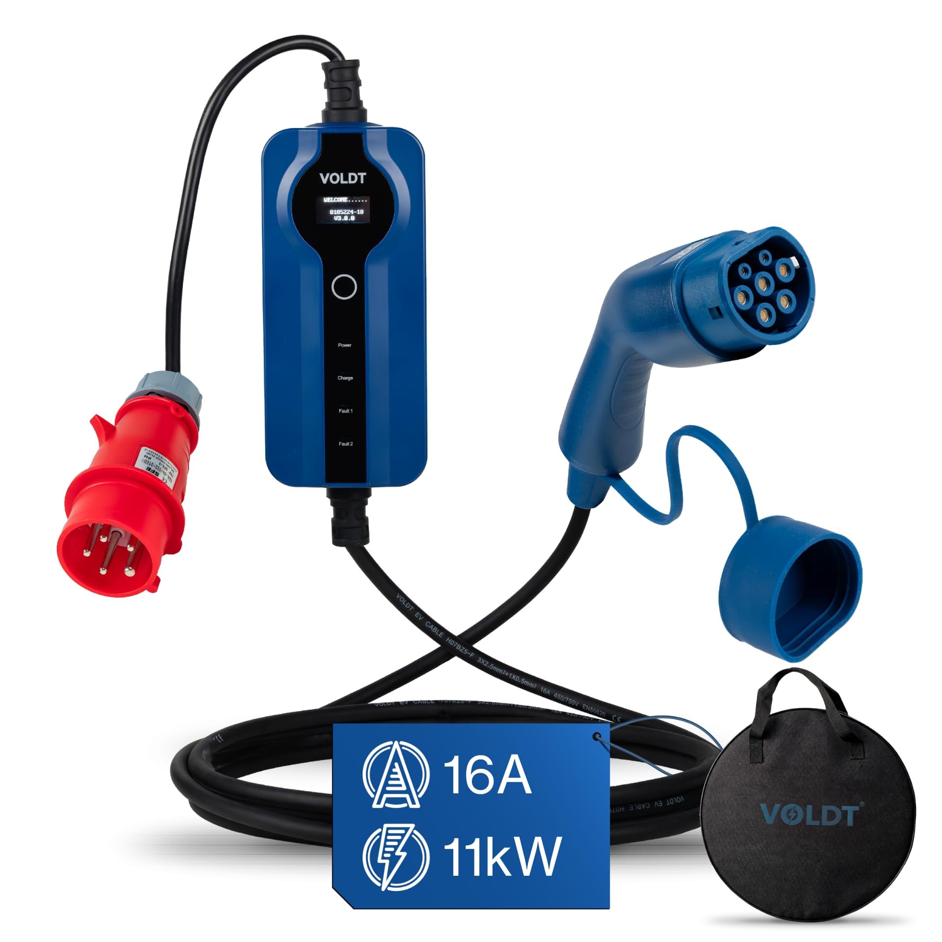 VOLDT Typ 2 Ladekabel 11KW EV-Ladegerät mit CEE-Stecker, 8 A - 16 A dreiphasige Mobile Wallbox-Ladestation mit Display für Elektrofahrzeuge IP67, TÜV, CE geschützt tragbares Ladegerät (5 Length)