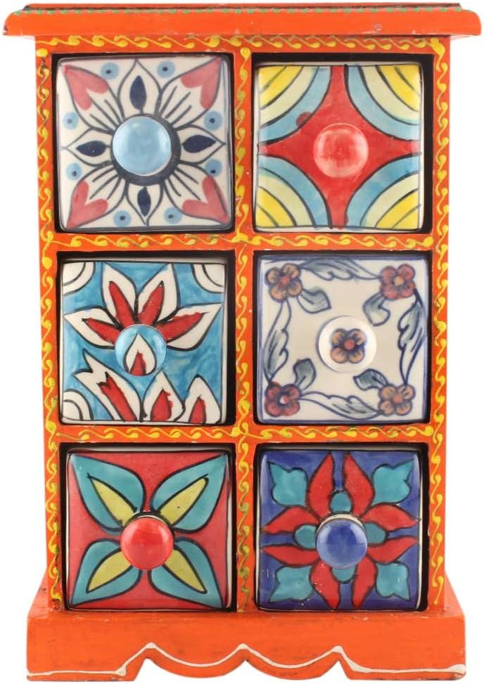 Indian Shelf 1 Piece Vocalforlocal Handmade Multicolor Wooden 6 Drawer Floral Pattern Spice Box Seasoning Masala Organizer Rack Jewellery Container