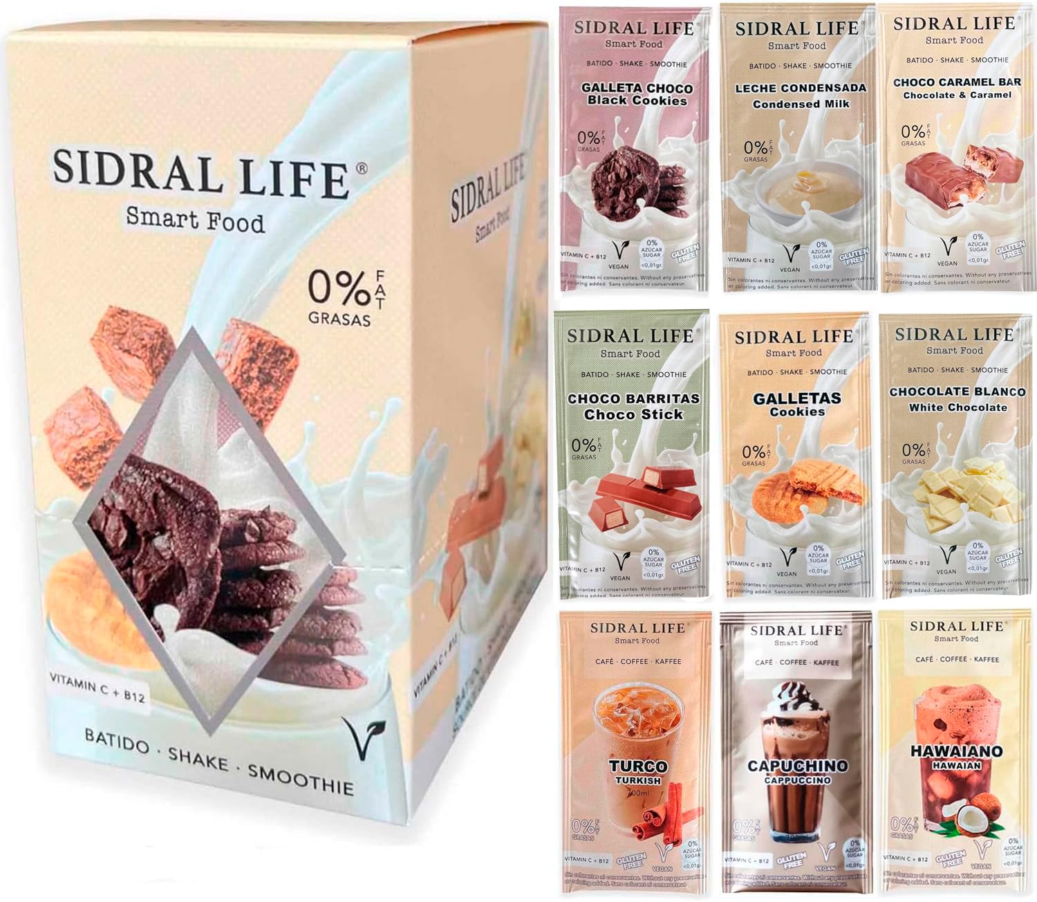 SIDRAL LIFE Saborizantes sin azúcar para leche batidos postres Instantáneas en Polvo con Vitamina C y B12 15 Sobres Mix