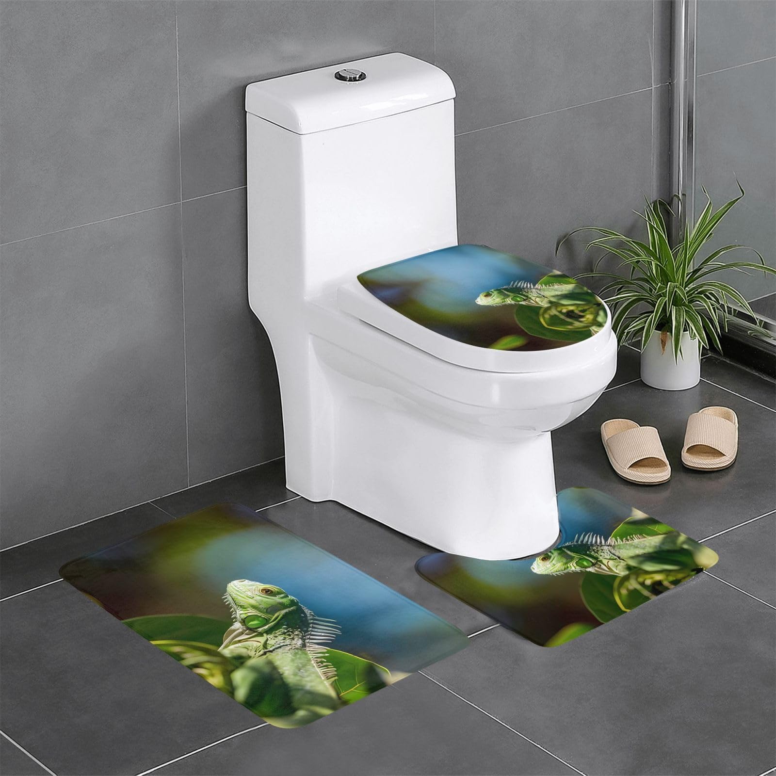 Tapis de salle de bain lot de 3 imprimé lézard vert pour déco maison
