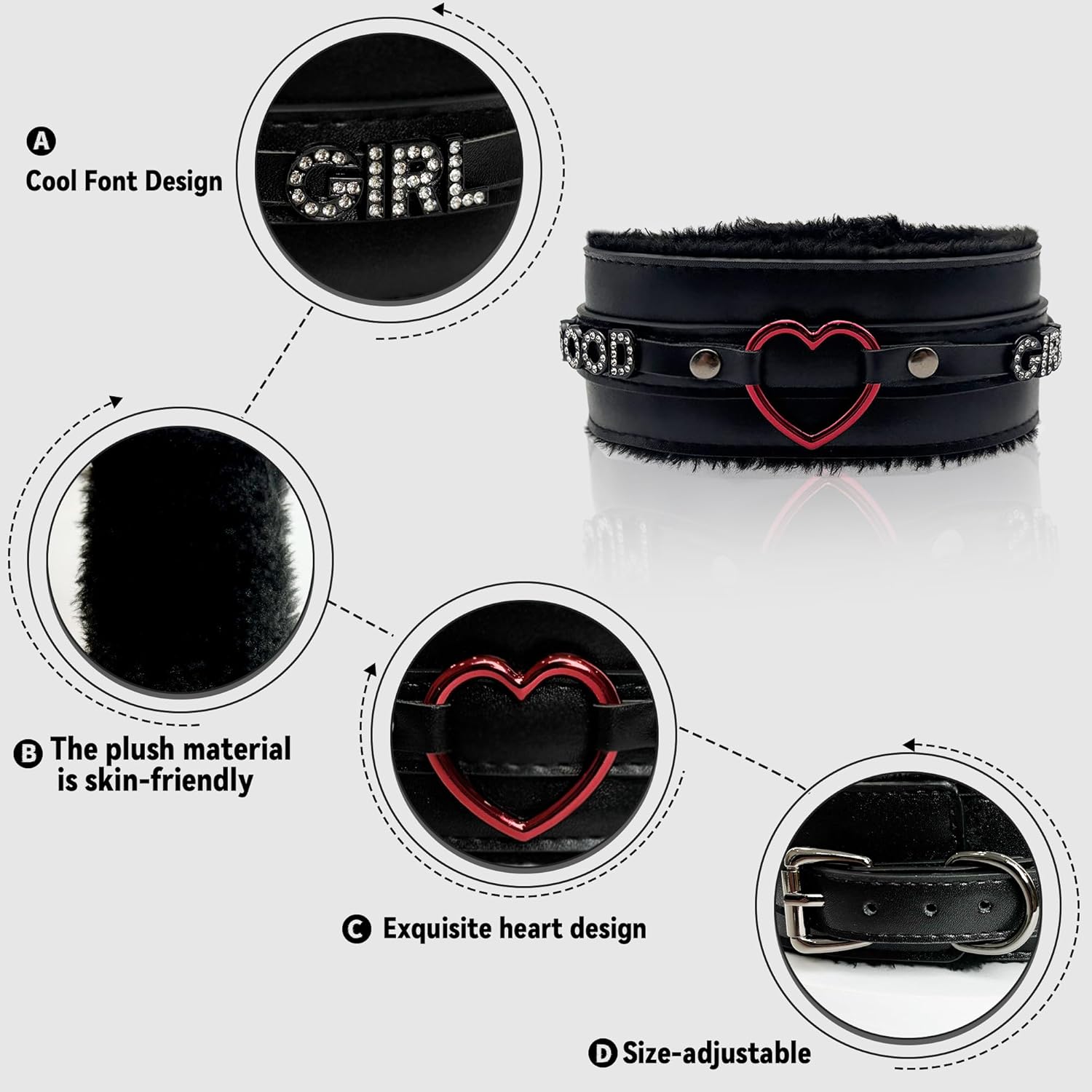 paloli Furry Heart O-Ring Choker for Women, Adjustable Gothic Punk Plush Leather Necklace - Image 4