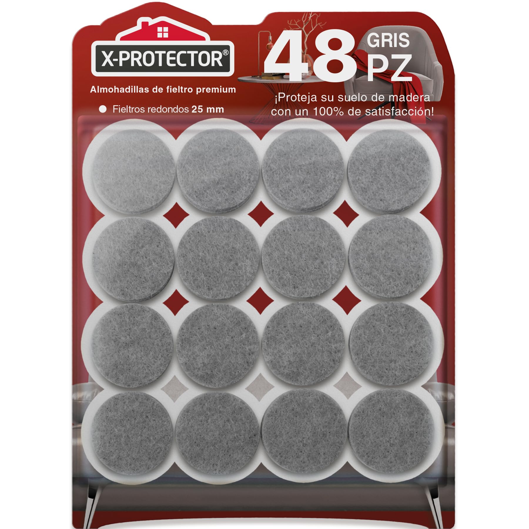 Almohadillas de Fieltro X-Protector – 48 Fieltro Adhesivo Premium Gris 25 mm – Fieltros para Sillas – Protectores de Suelo para Muebles - Tapones para Patas de Sillas - Protector Patas Sillas