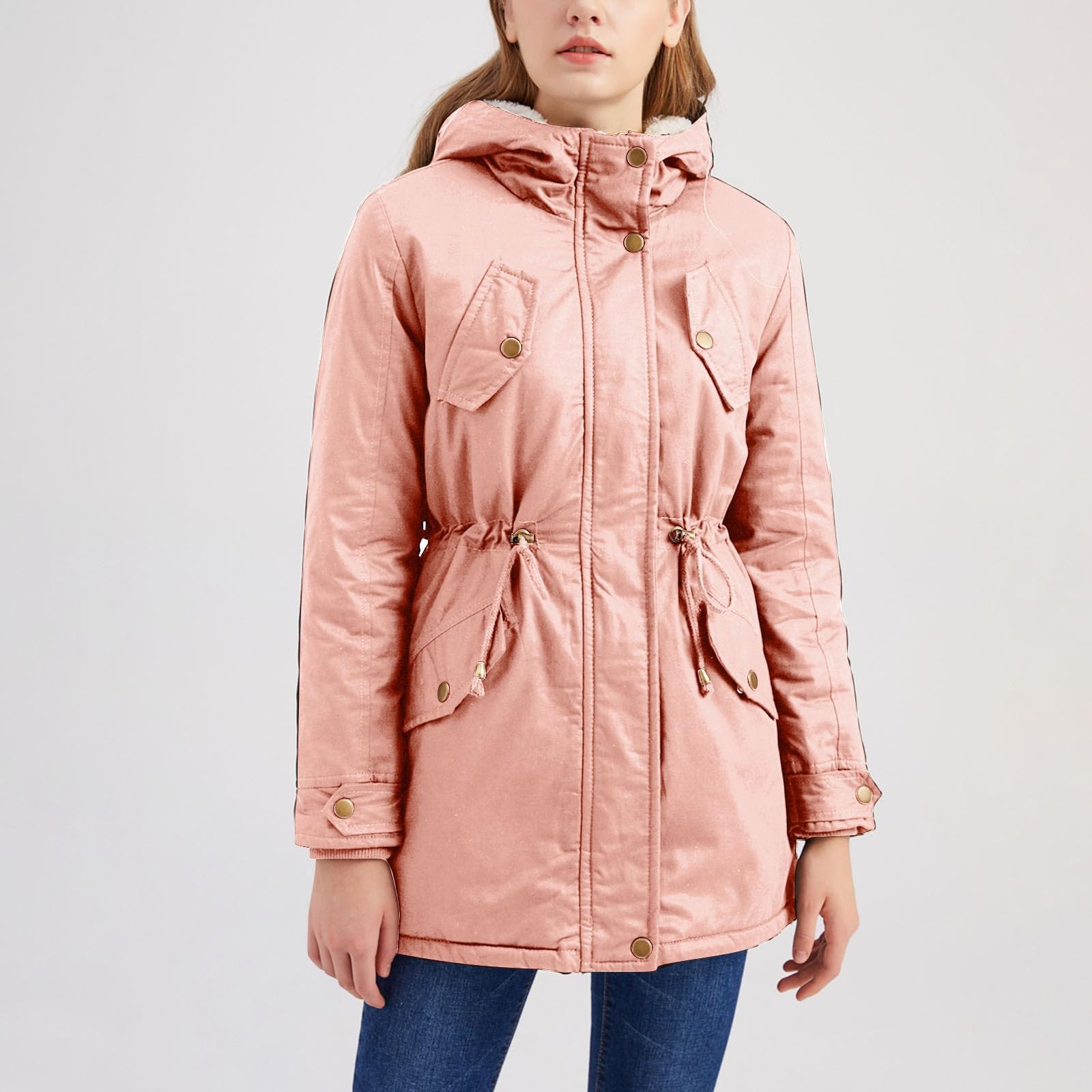 Generico Cappotto Doppiopetto Donna 𝐂orto Cappotto da Donna in Cotone Spesso Multitasche a Maniche Lunghe con Cappuccio in Tinta Unita in Pile Tinta Unita Piumino Elegante Donna