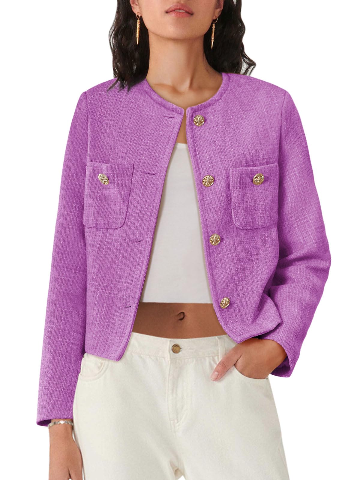 Women's Tweed Blazers Long Sleeve Business Button Down Casual Cropped Blazer Jackets with Pockets