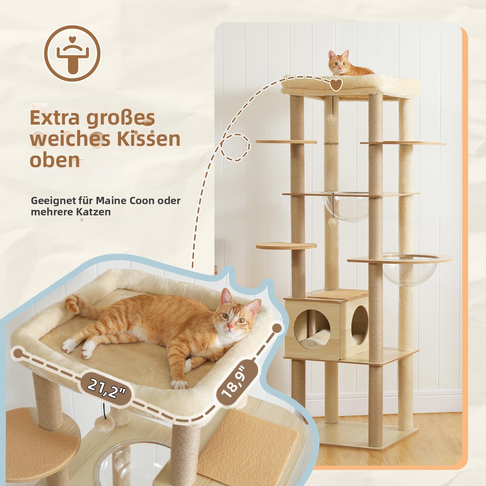 PETEPELA Árbol rascador para gatos grandes, 181 cm, madera multietapa, con gran cueva, hamaca grande y más columna para rascar, color beige